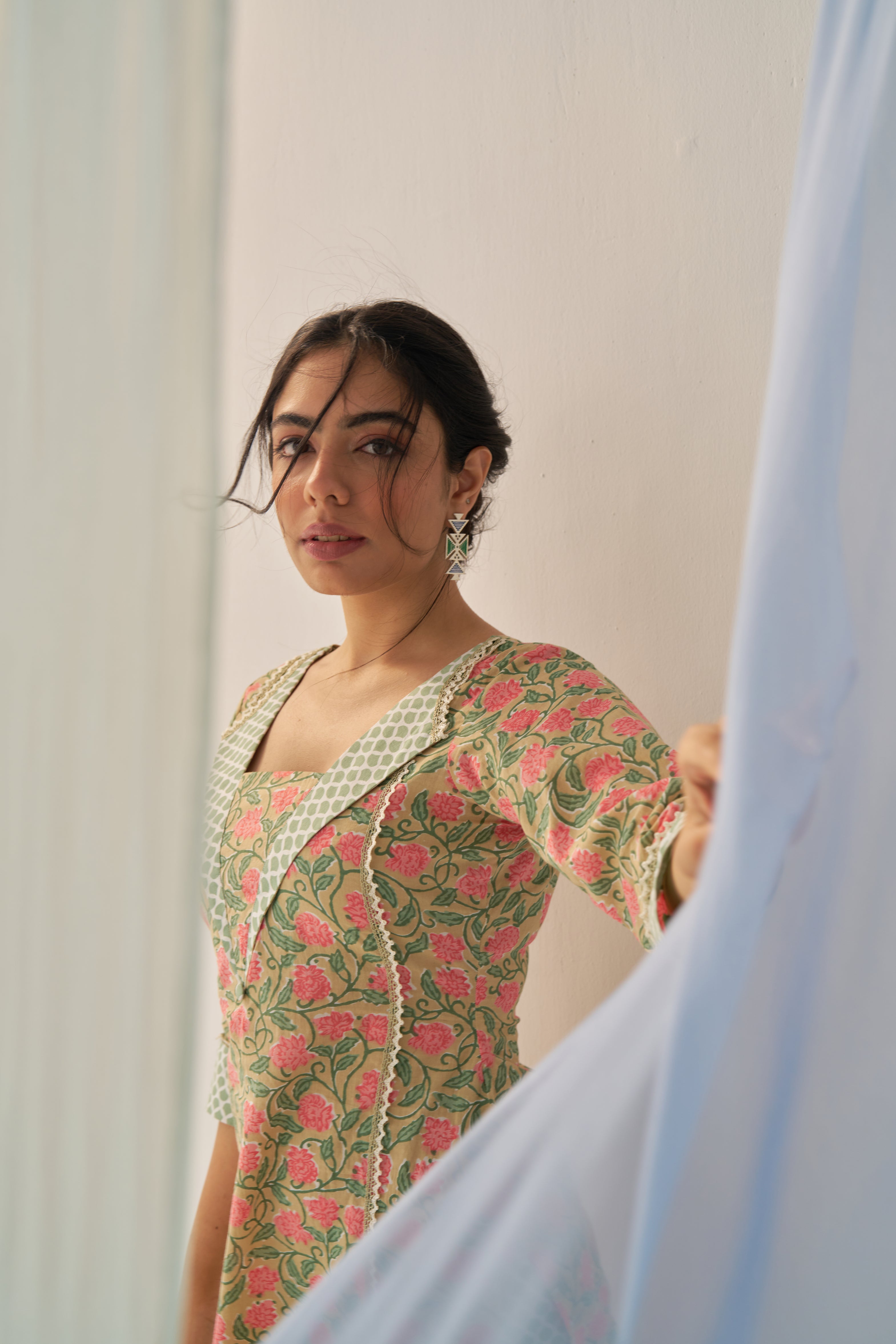 Aruna - Adaara Floral beige pink and green cotton co-ord set with Resham crochet detailing