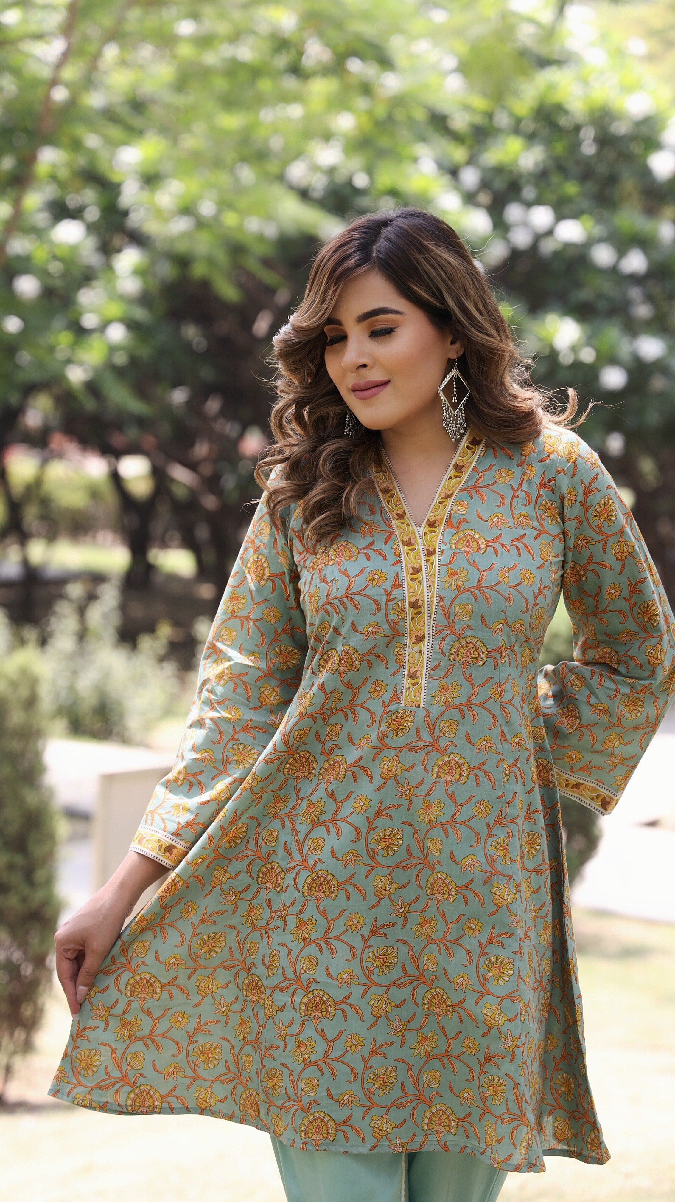 Anika - Adaara Floral Greenish Blue  A-line Kurta with Tulip Pants