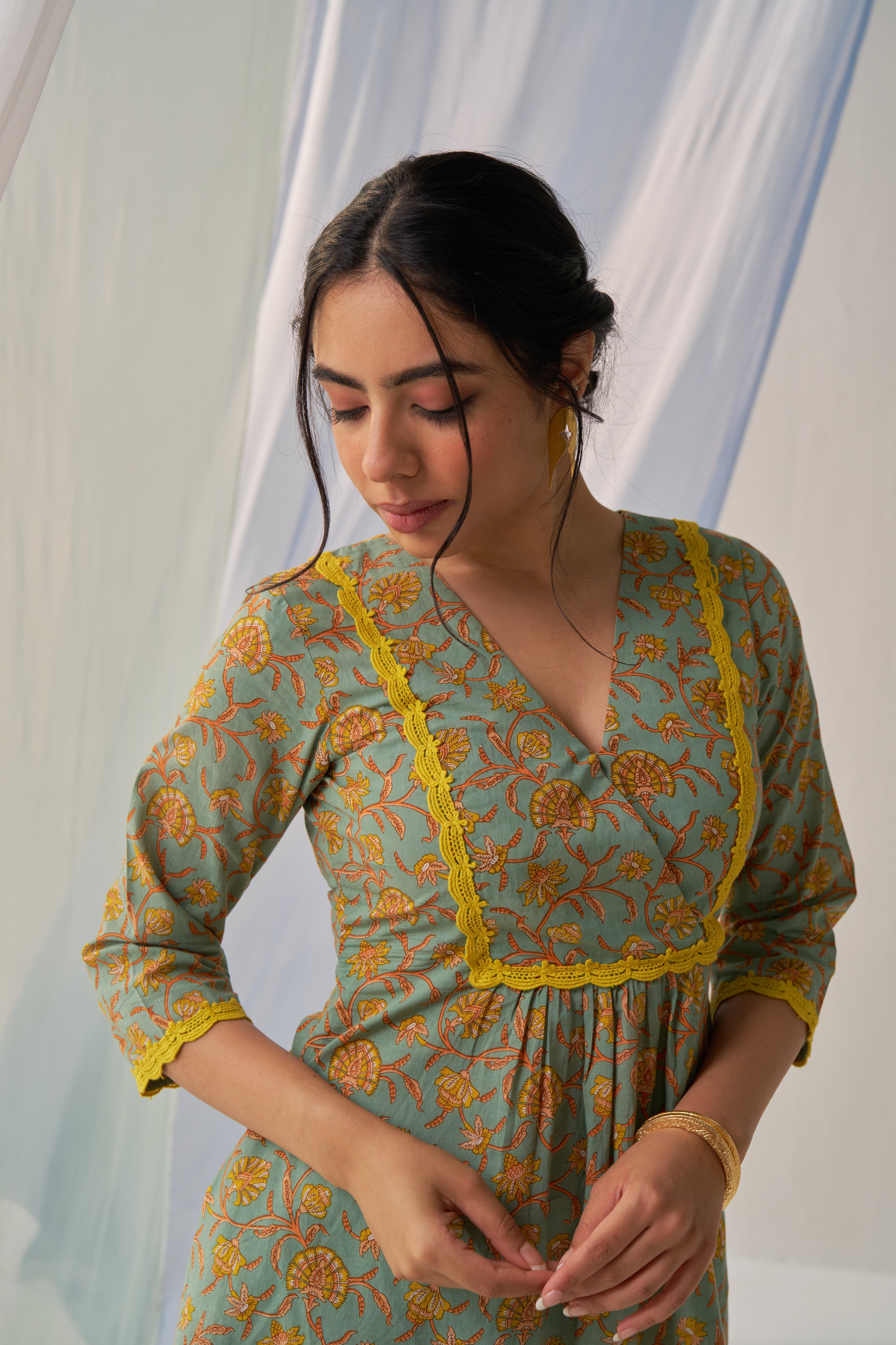 Vasudha - Adaara cotton green co-ord set with yellow crochet detailing