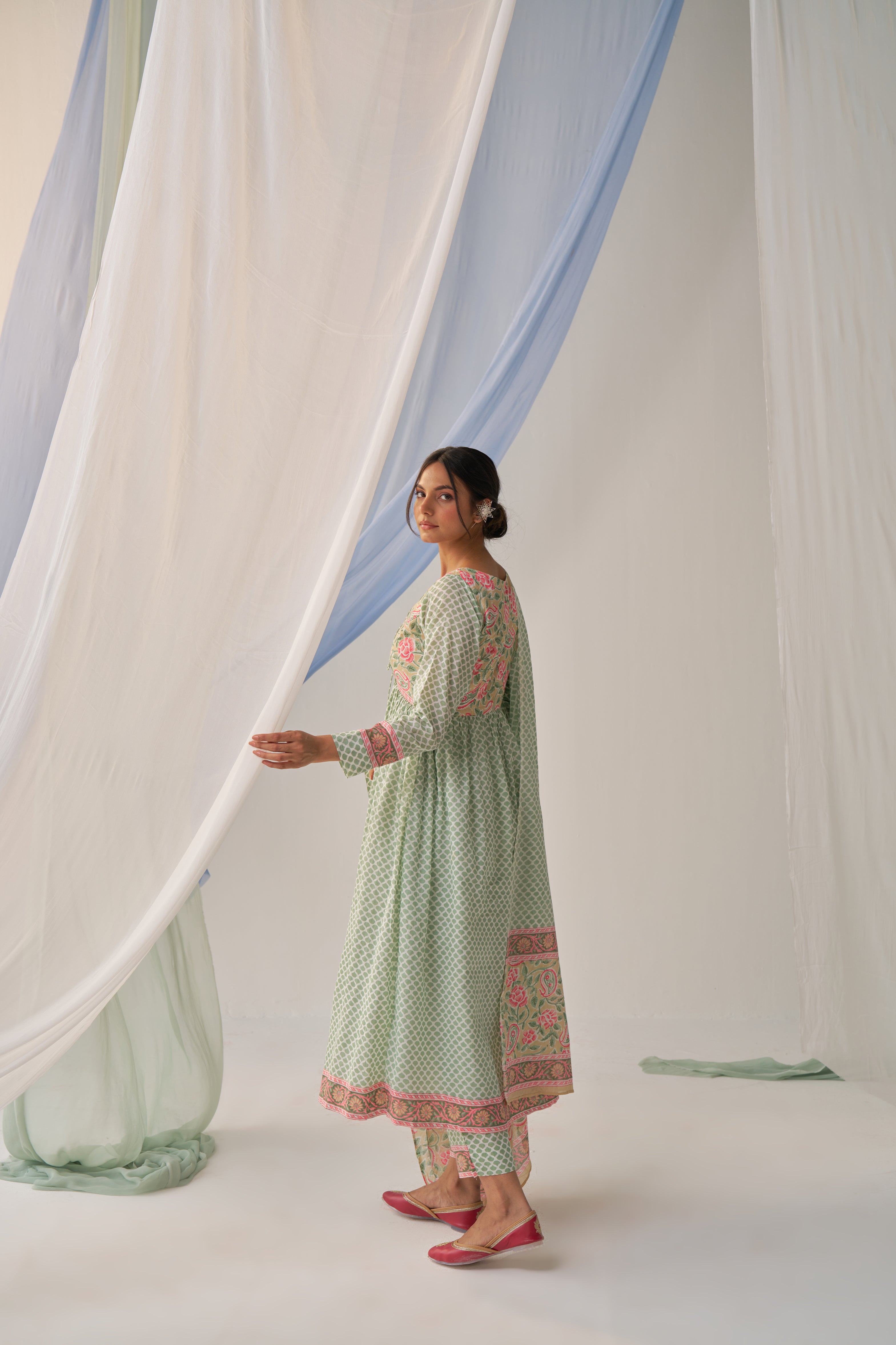 Barkha- Adaara Mal cotton Pastel green floral Anarkali with pant and Dupatta