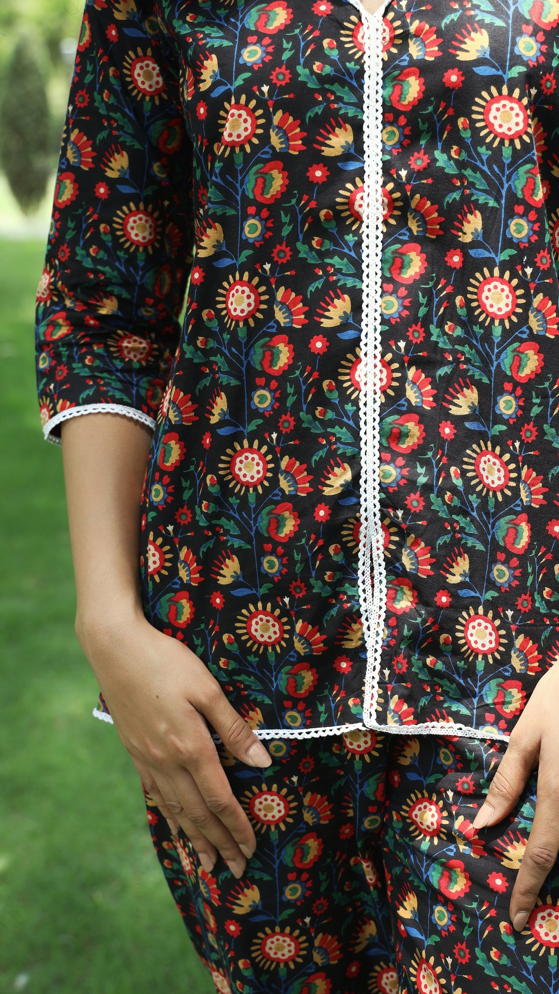 Aryahi - the Adaara Black Floral Coord Set with Crochet Detailing