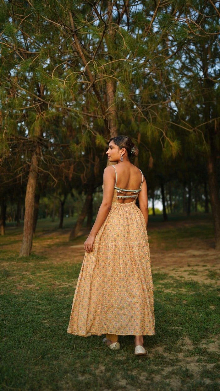 Ameya - Adaara Georgette layered backless dress with turquoise detailing with Pants