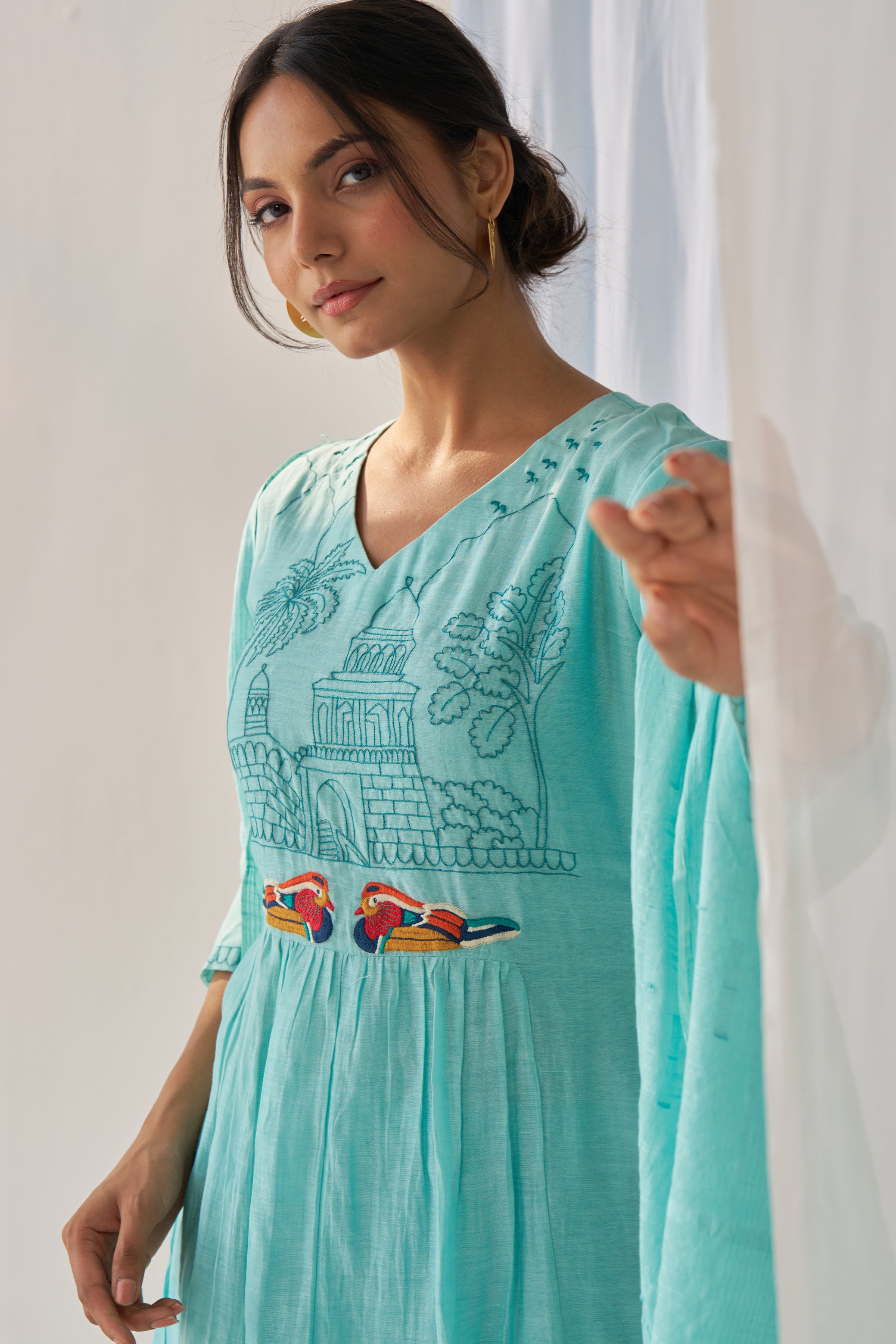 Ahana- Adaara Mal cotton green A-line Suit set with Resham Embroidery and Kota Dupatta