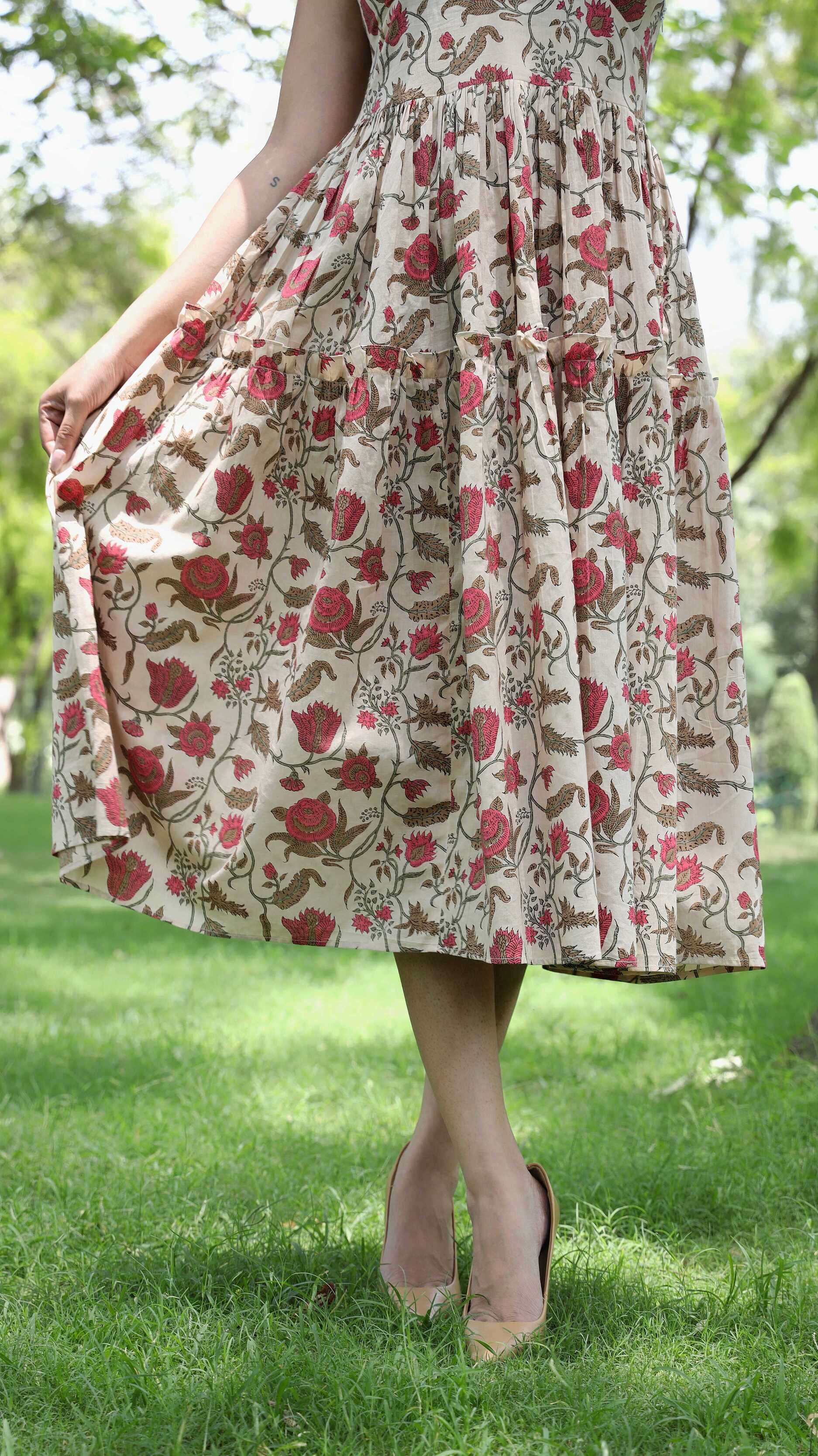Tanisi- Adaara Floral Beige Ankle Length Dress Isla Style