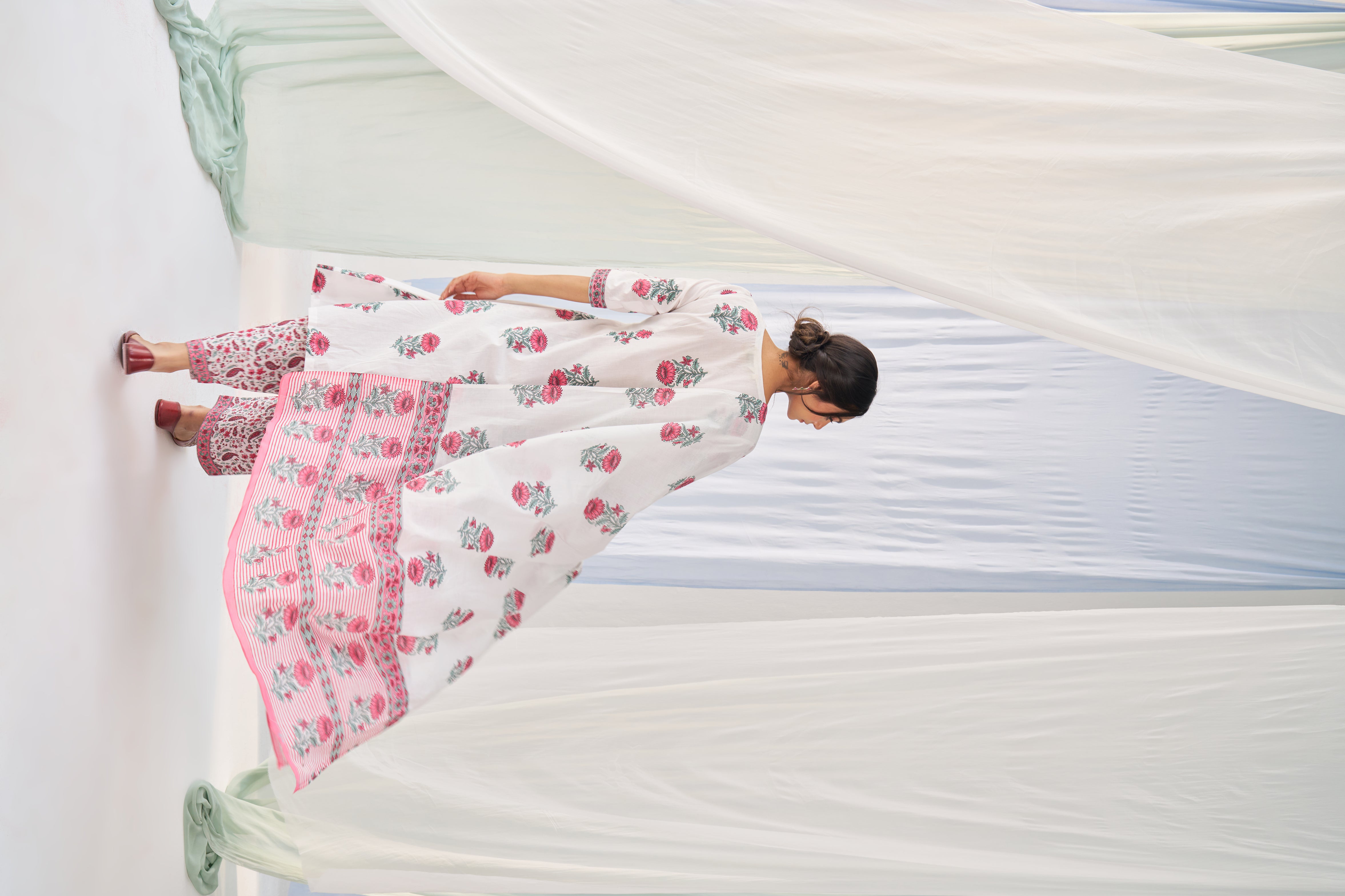 Seher - Adaara Cotton white block print suit set with pant and dupatta