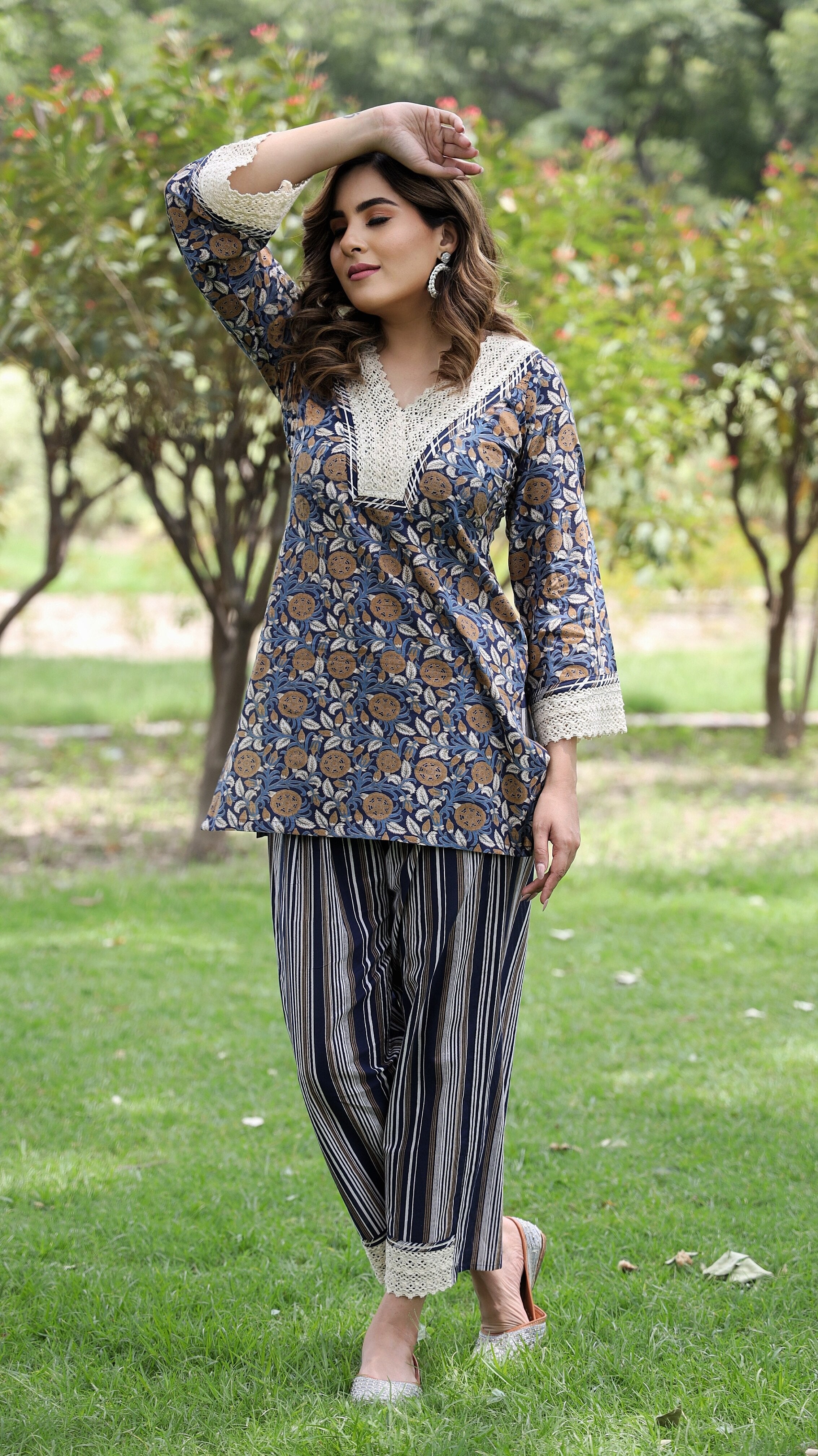 Vamini - Adaara Floral Navy Blue Kurta Coord Set with Crochet Detailing