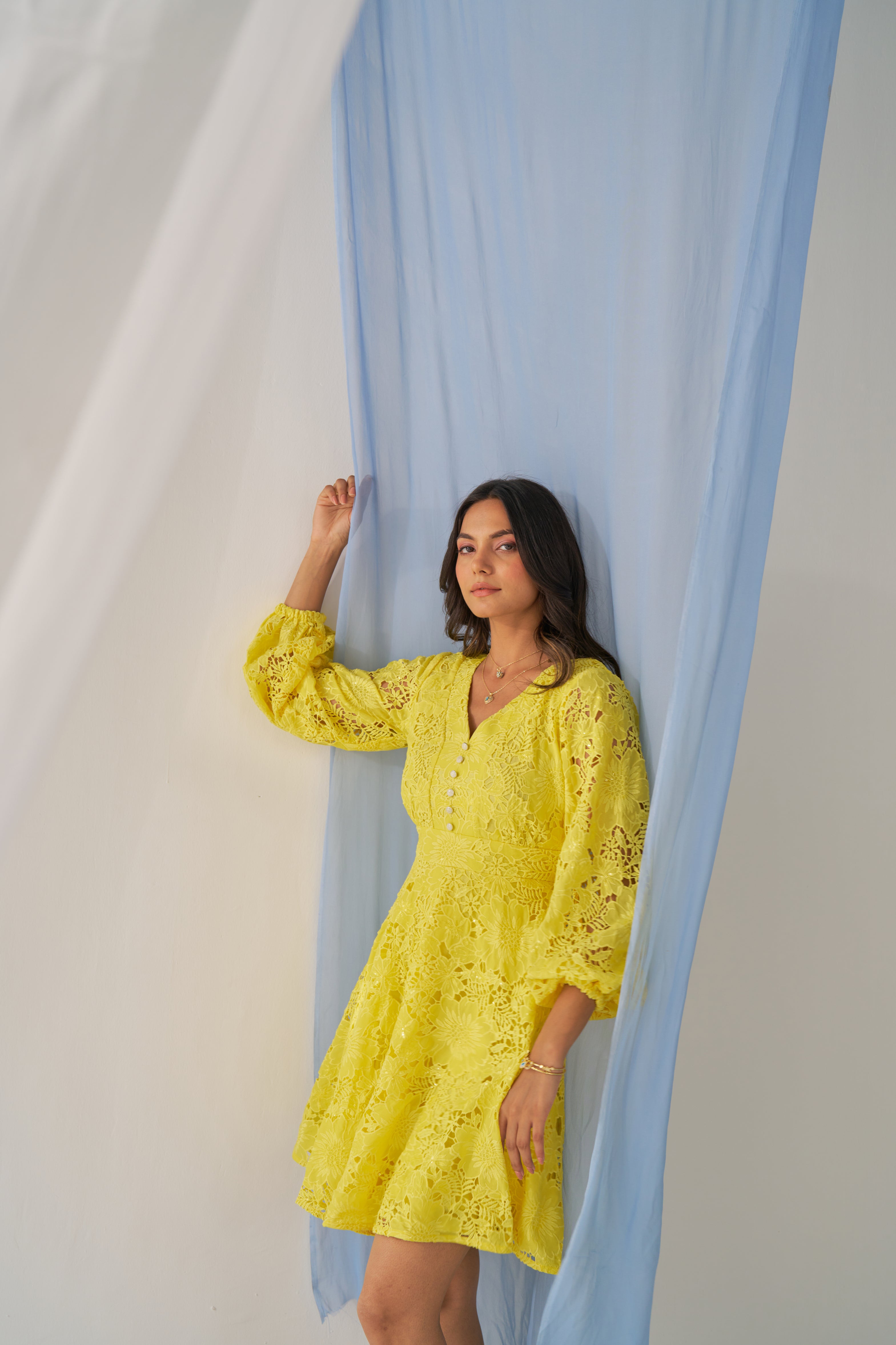Pabbie- Adaara yellow cutwork knee length dress