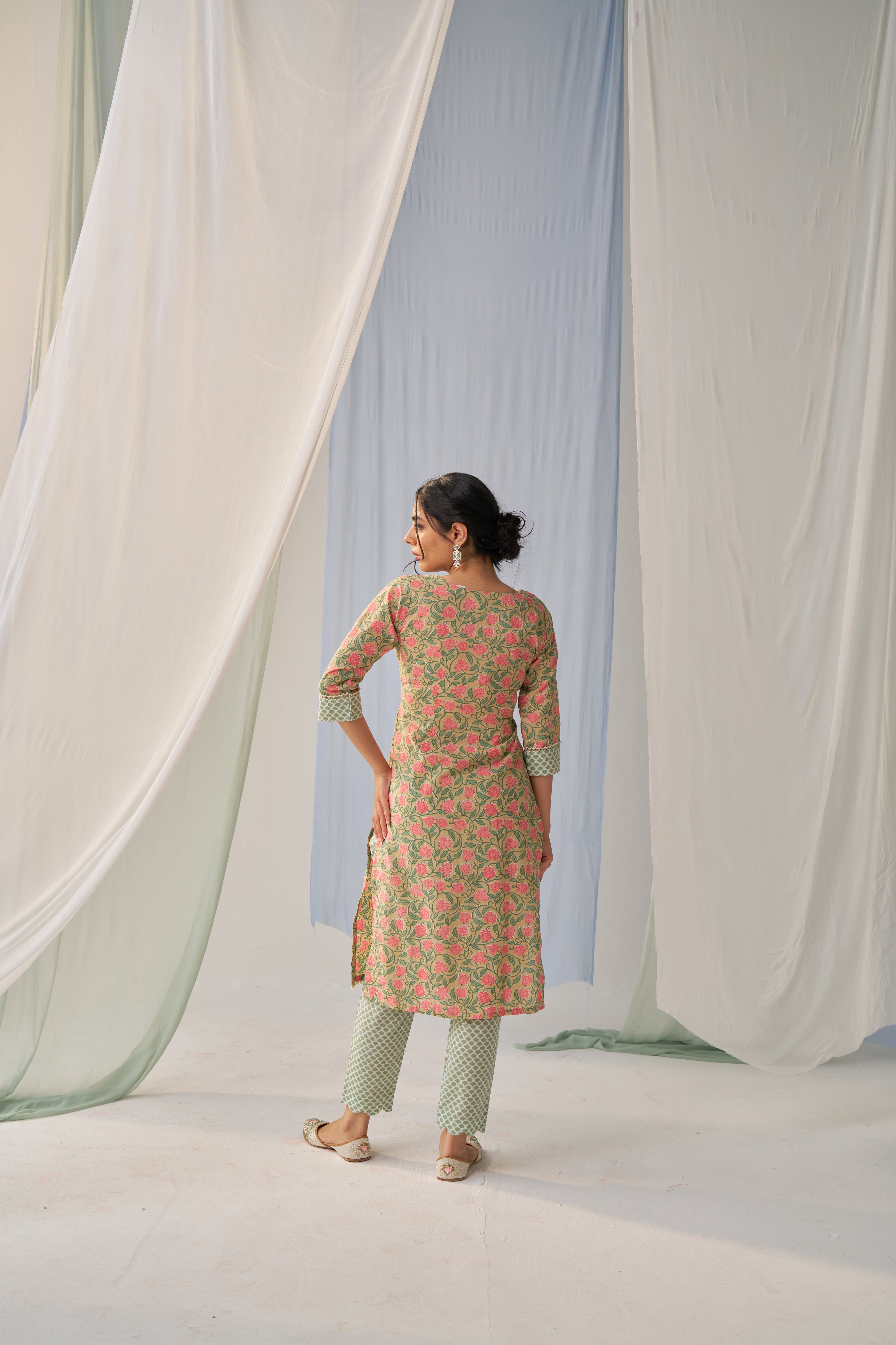 Aruna - Adaara Floral beige pink and green cotton co-ord set with Resham crochet detailing