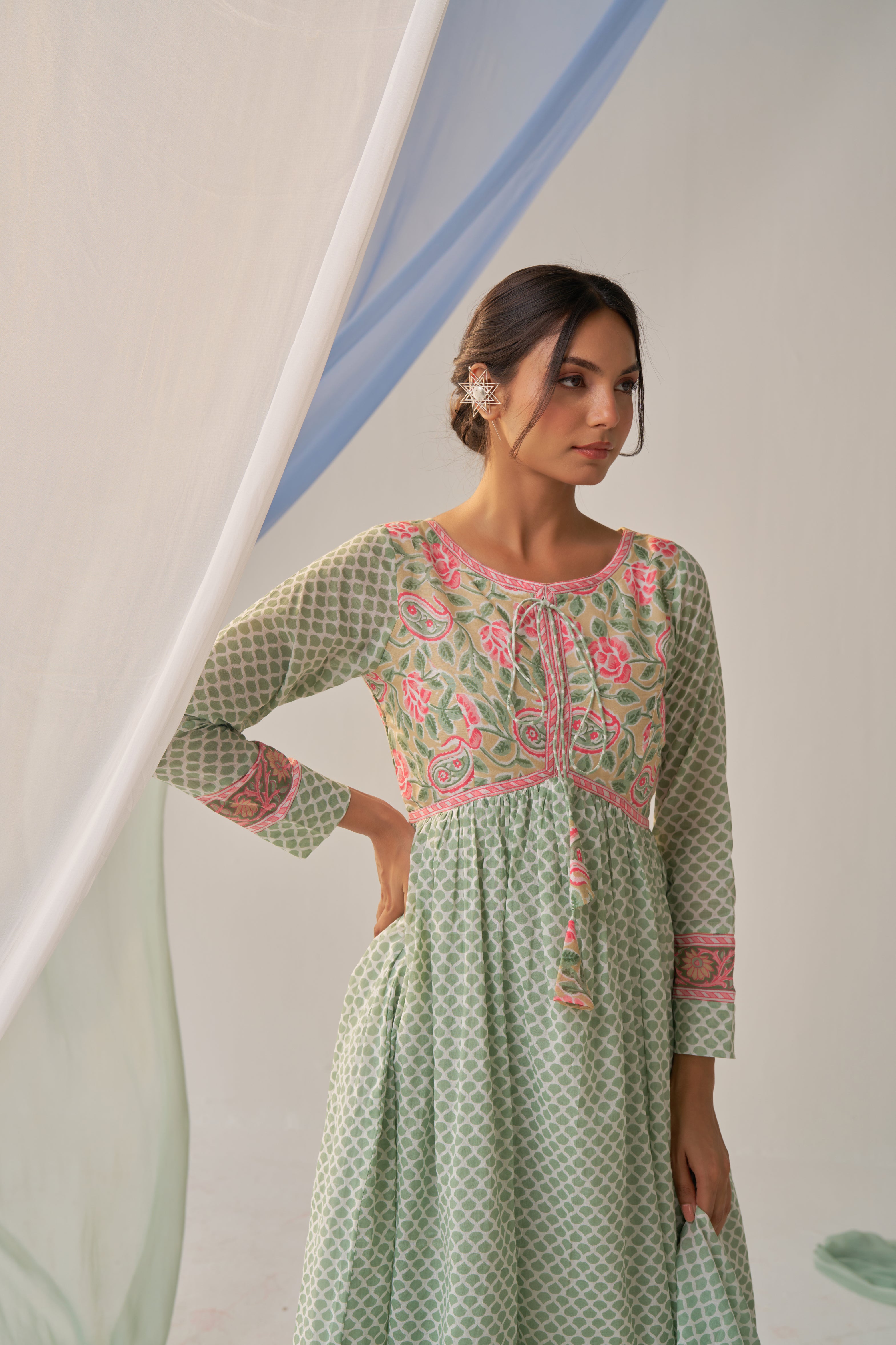 Barkha- Adaara Mal cotton Pastel green floral Anarkali with pant and Dupatta
