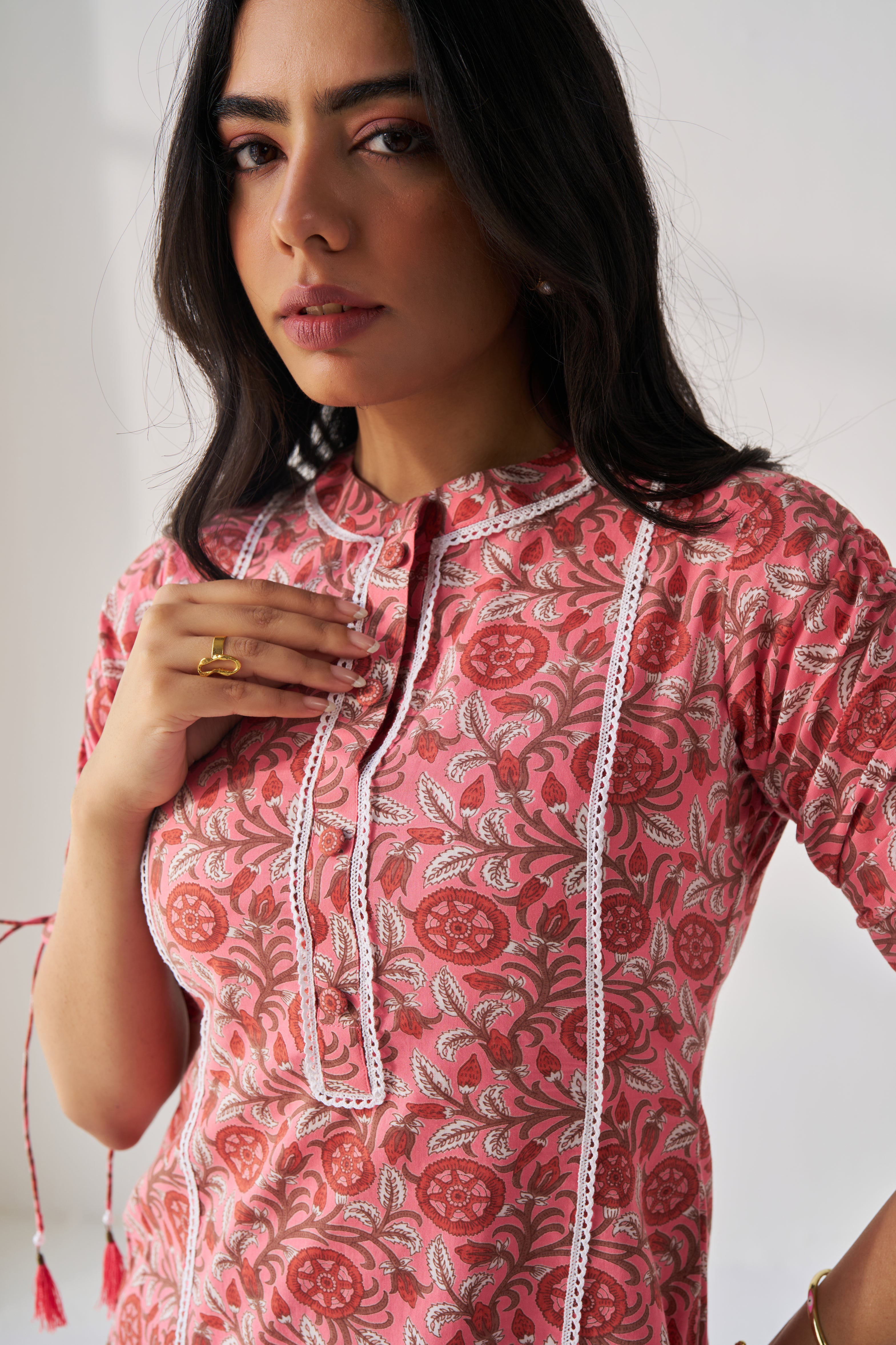 Sasha - Adaara cotton peachish pink  kurta pant set with statement Dori sleeves