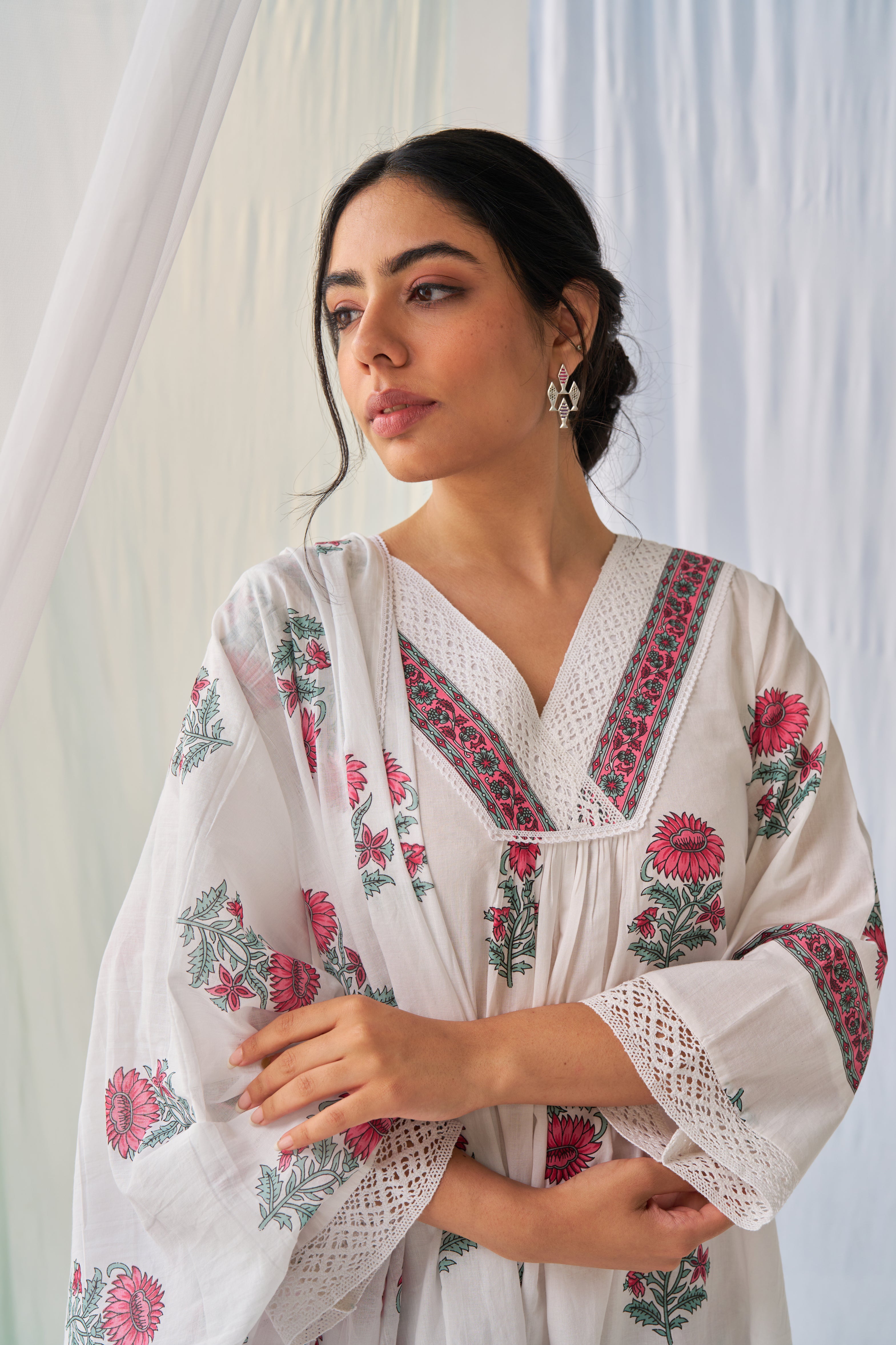 Soha - Adaara Cotton white block print suit set with crochet and border detailing on the neck