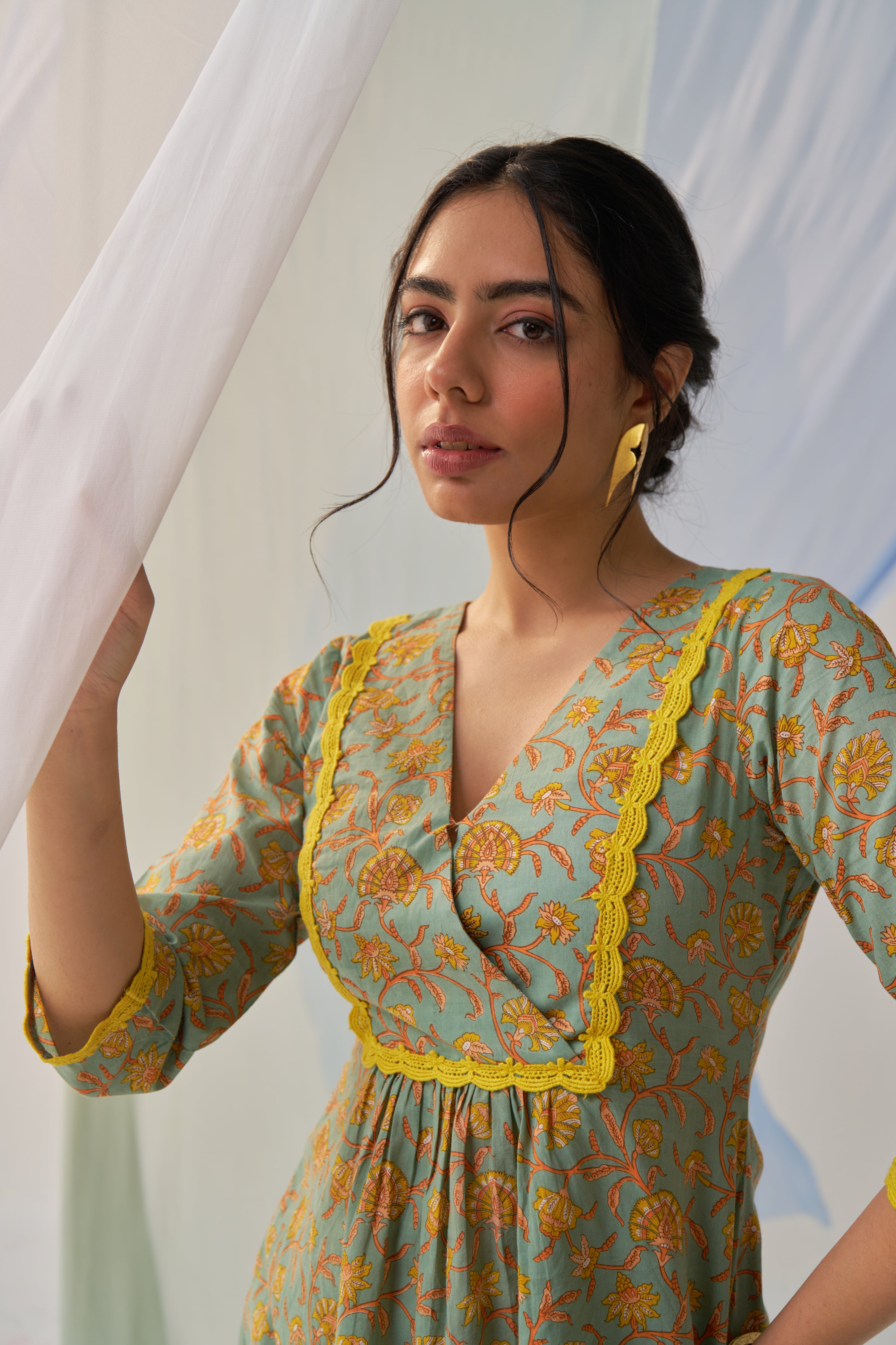 Vasudha - Adaara cotton green co-ord set with yellow crochet detailing
