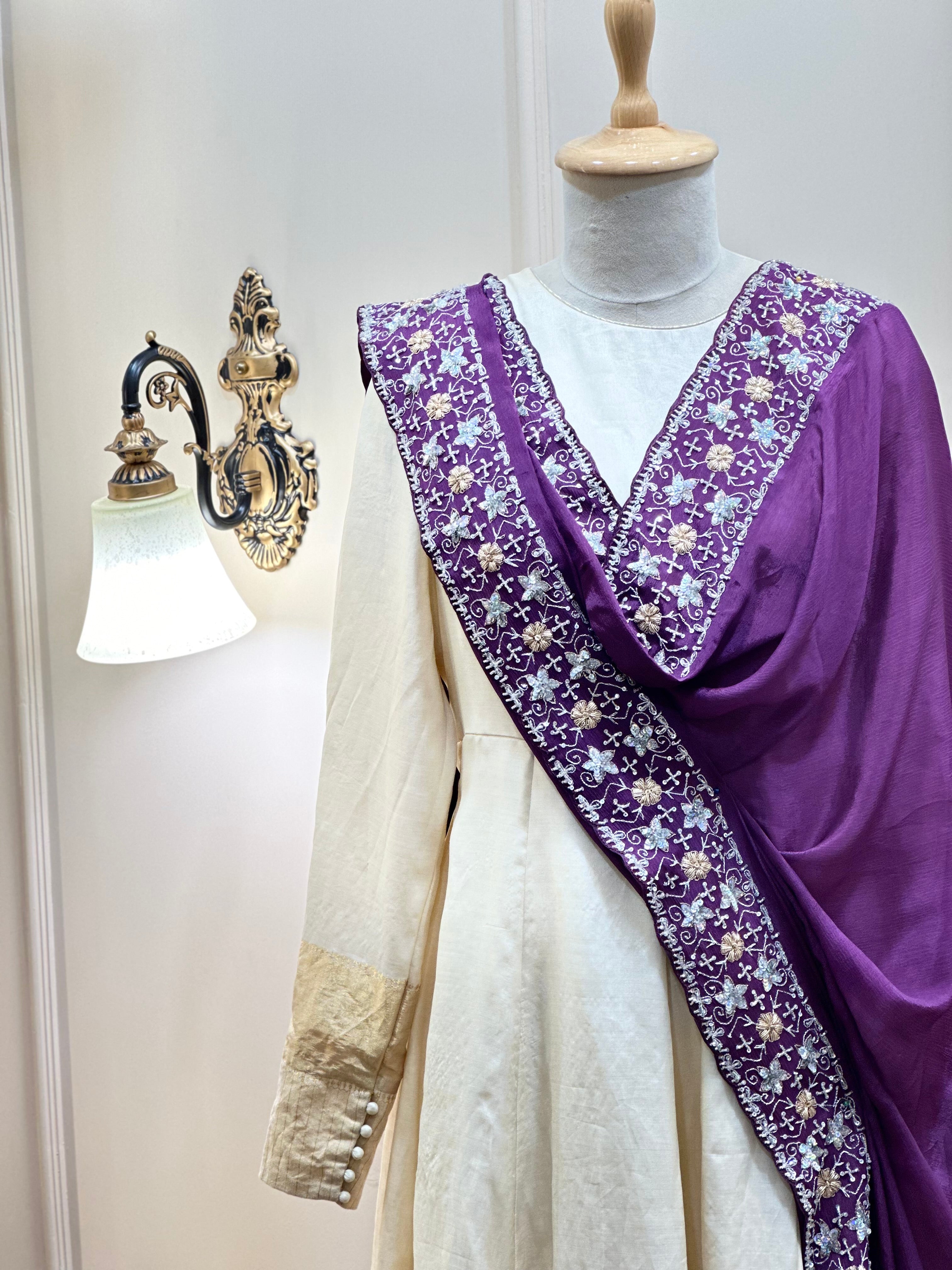 Pure silk Anarkali with Handworked borders on Chinon Dupatta