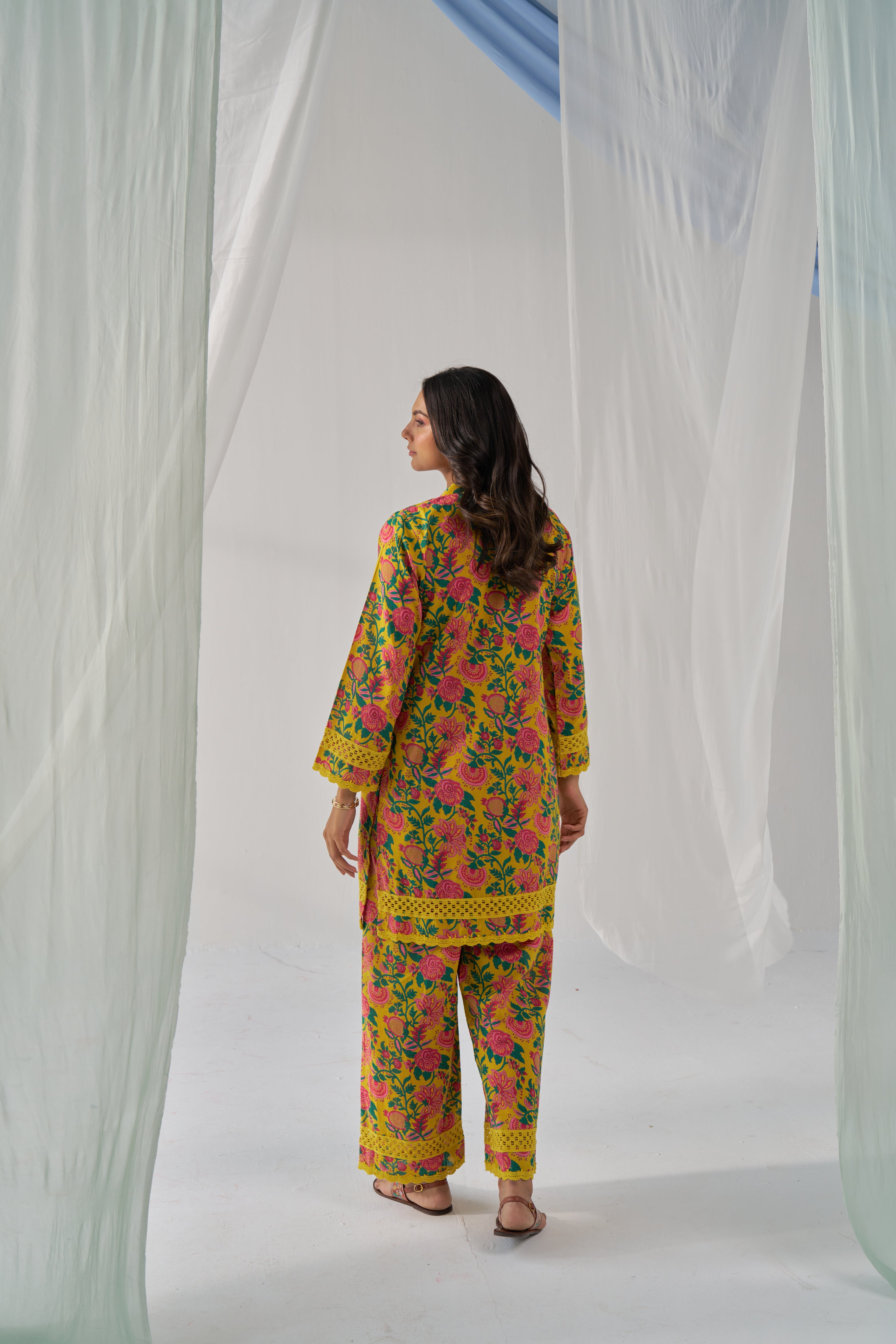 Dharini- Adaara cotton yellow co-ord set with crochet detailing