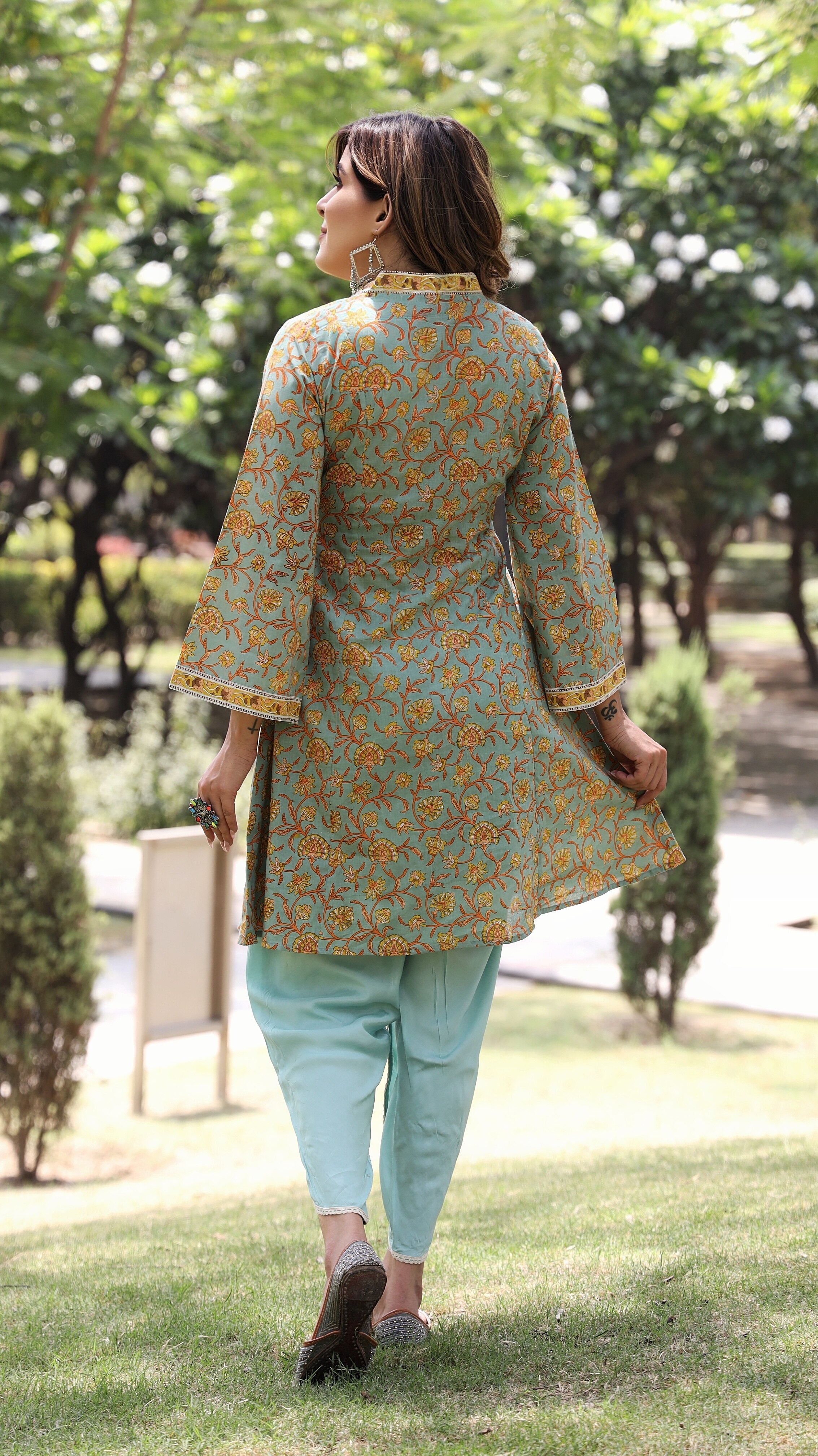 Anika - Adaara Floral Greenish Blue  A-line Kurta with Tulip Pants
