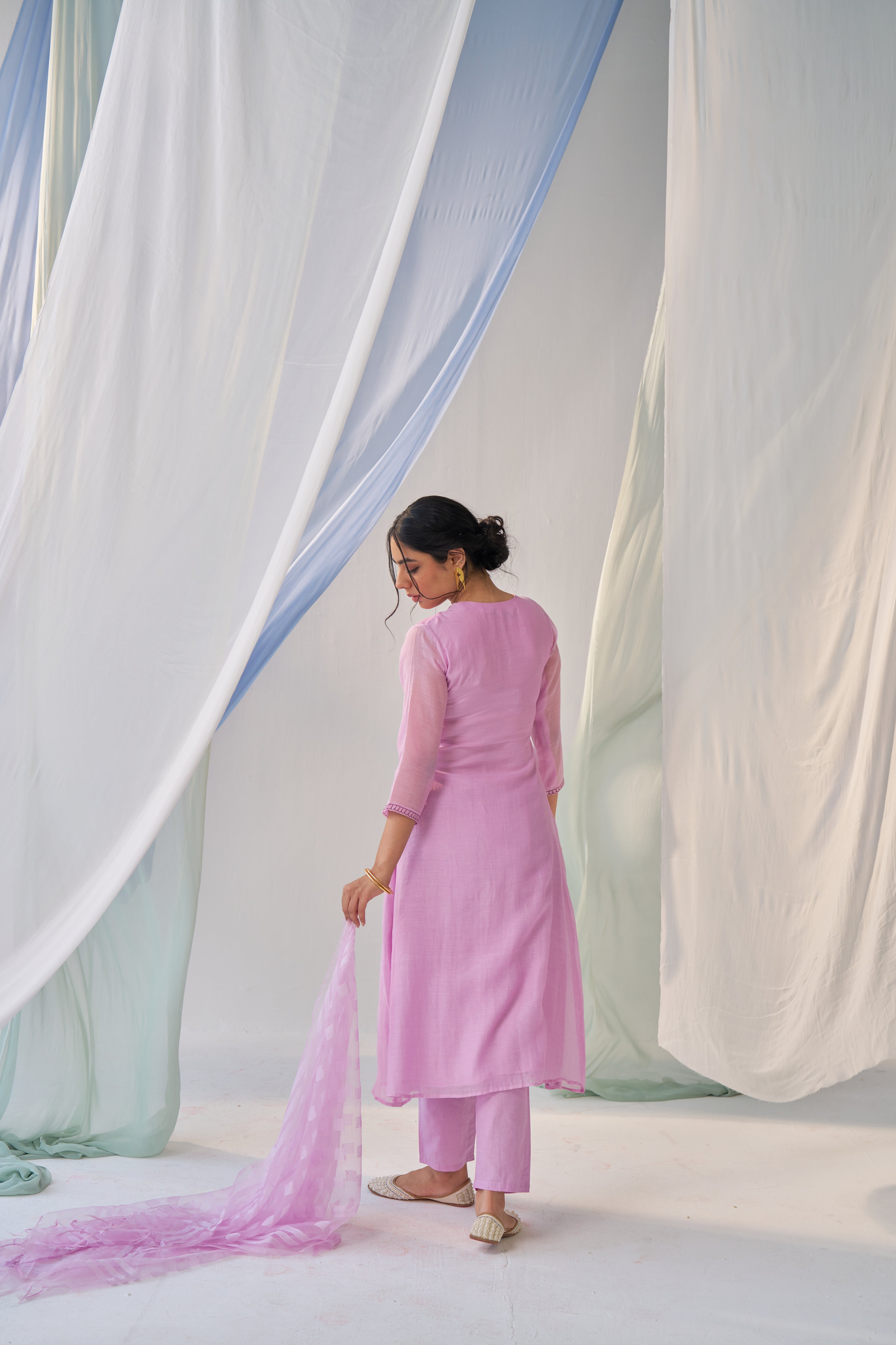Adhira - Adaara Mal cotton Lavender A-line Suit set with Resham Embroidery and Kota Dupatta