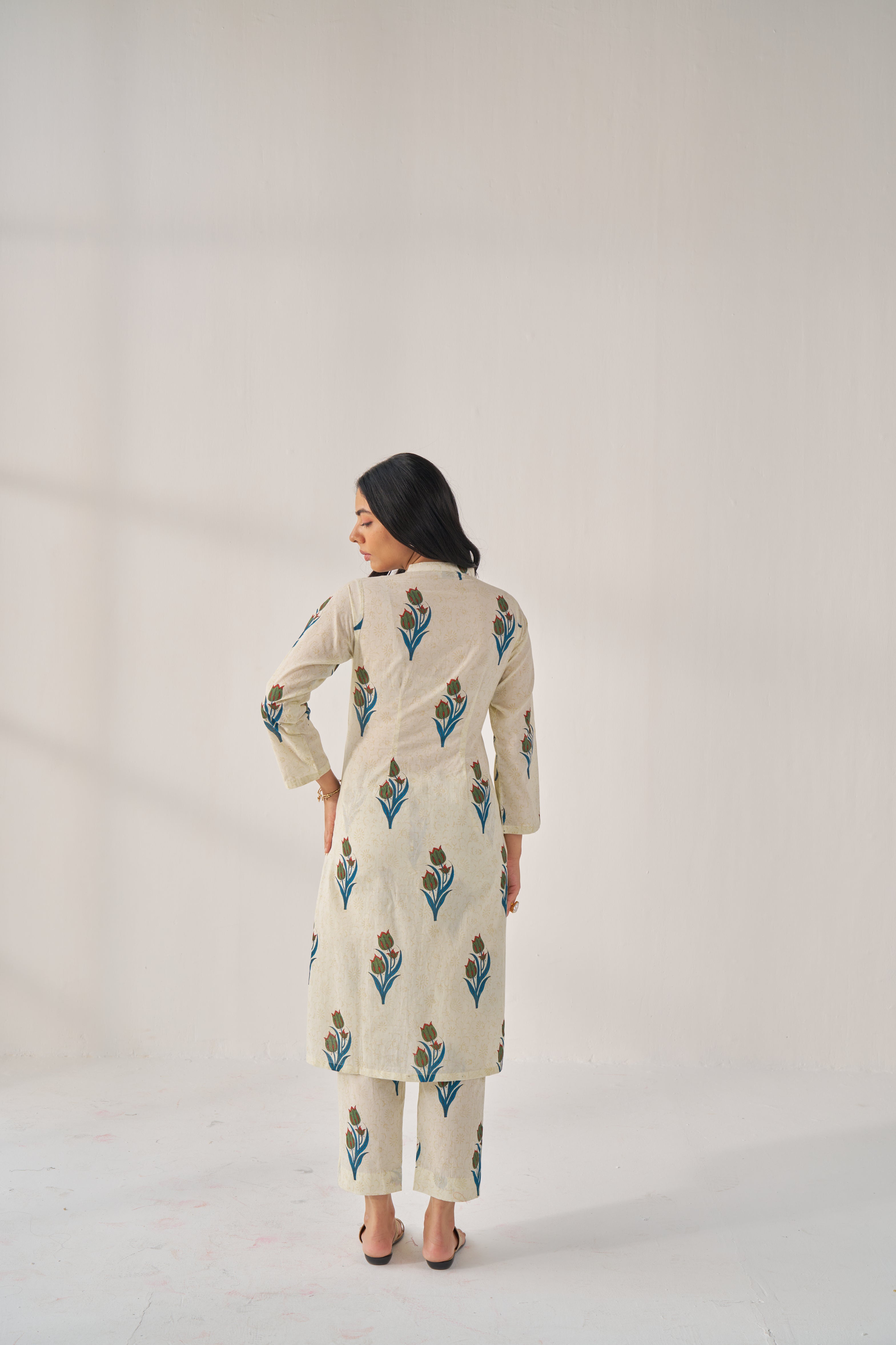 Keya - Adaara Cotton off-white block print kurta pant set