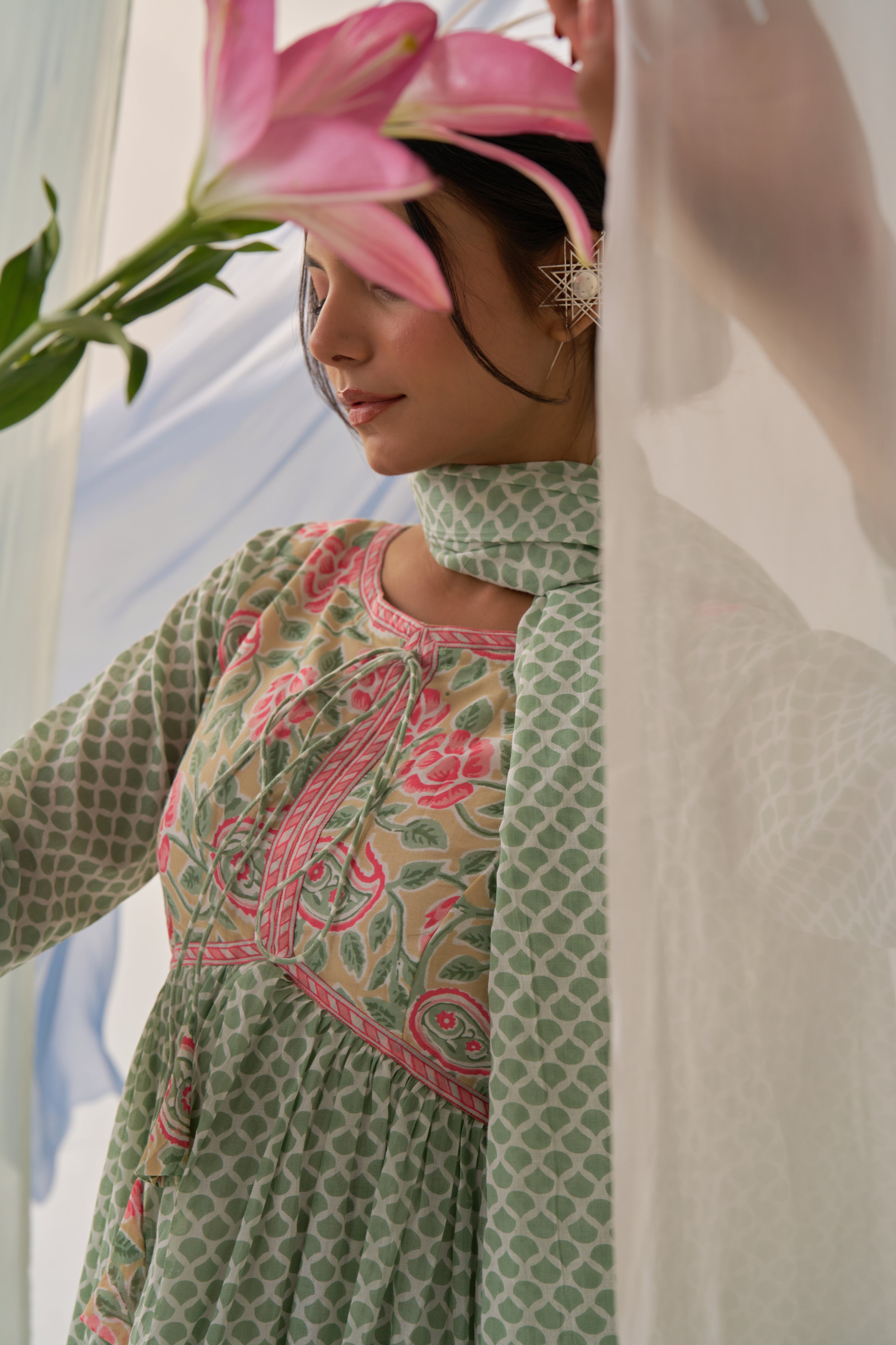 Barkha- Adaara Mal cotton Pastel green floral Anarkali with pant and Dupatta