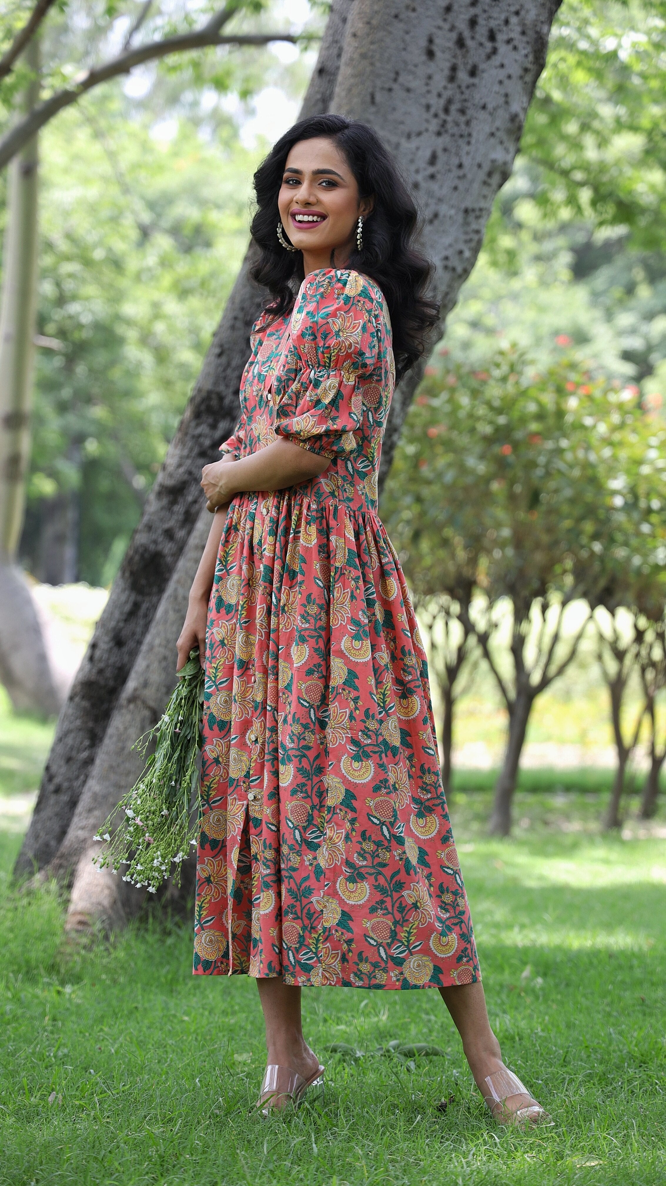 Deveshi- Adaara Floral Peach Mosh Pink Maxi Dress with Statement Sleeves