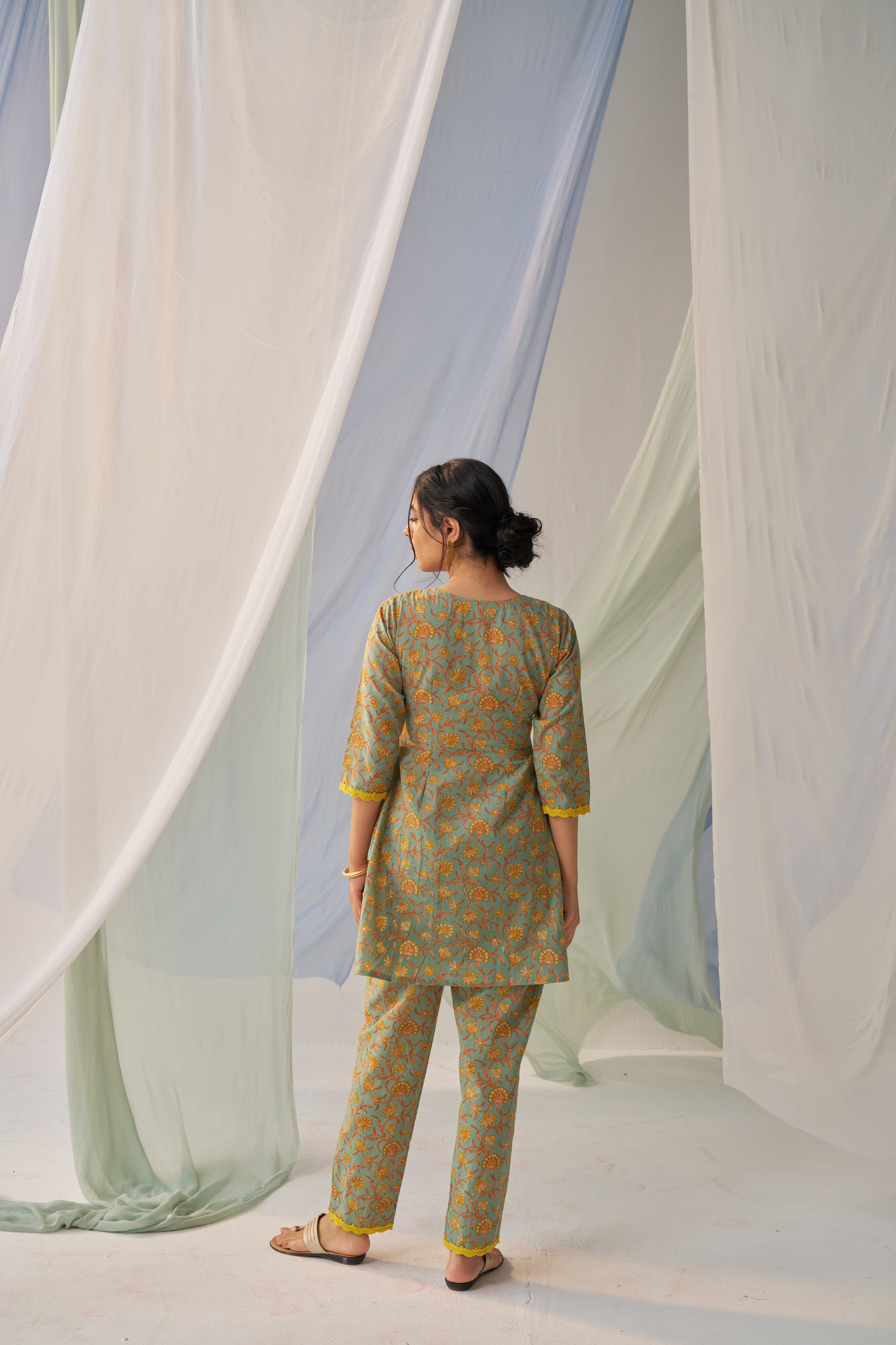 Vasudha - Adaara cotton green co-ord set with yellow crochet detailing