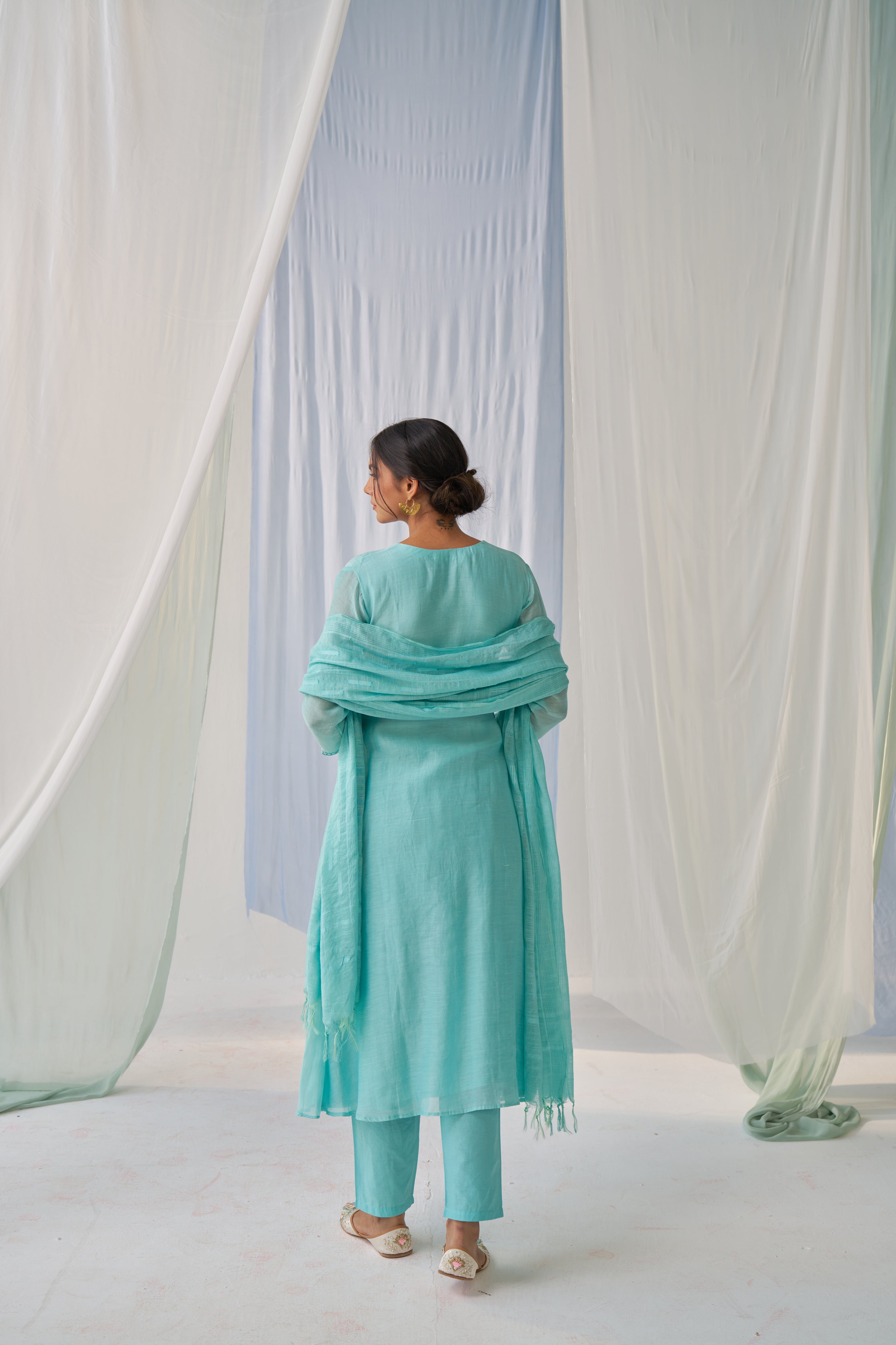 Ahana- Adaara Mal cotton green A-line Suit set with Resham Embroidery and Kota Dupatta