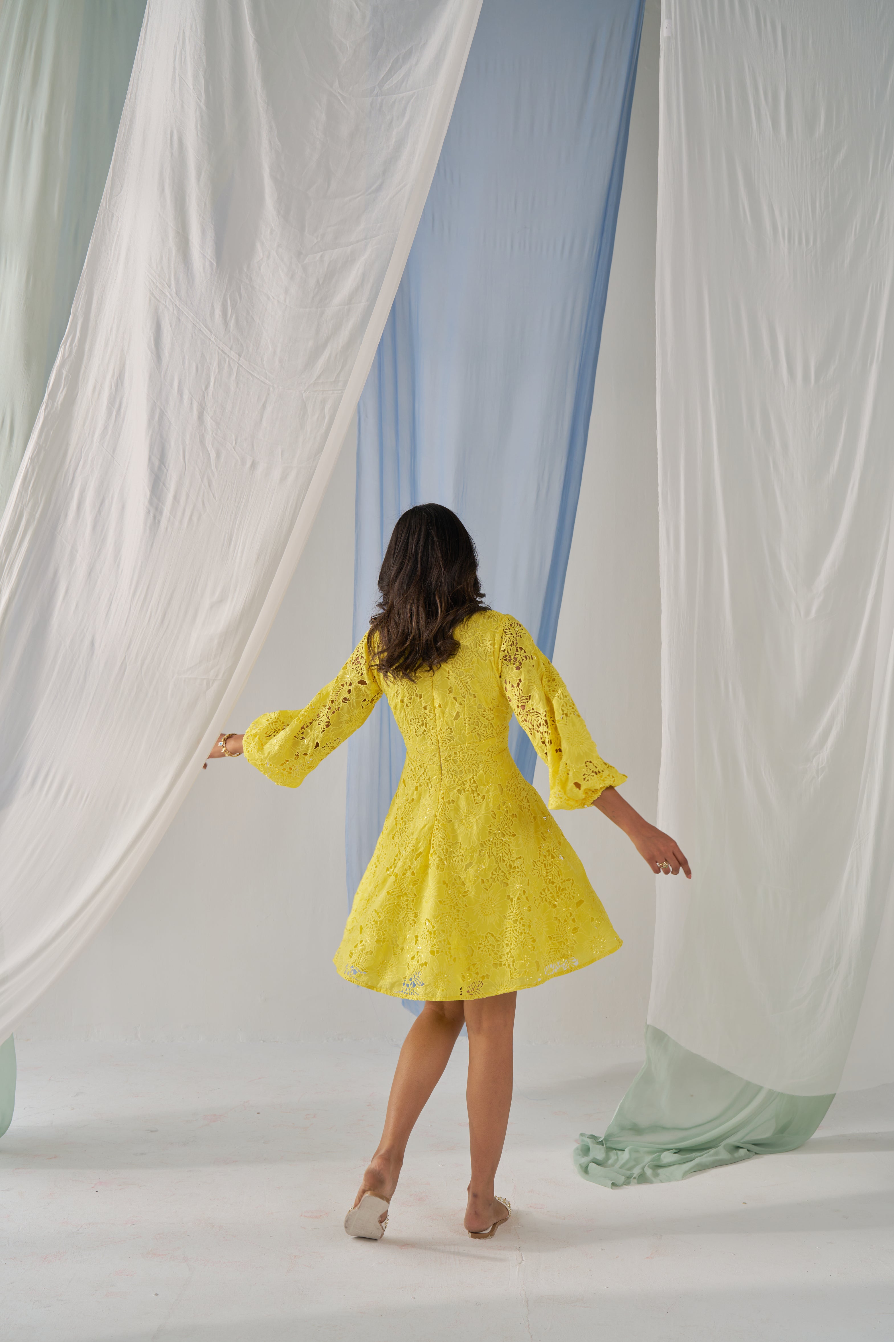 Pabbie- Adaara yellow cutwork knee length dress