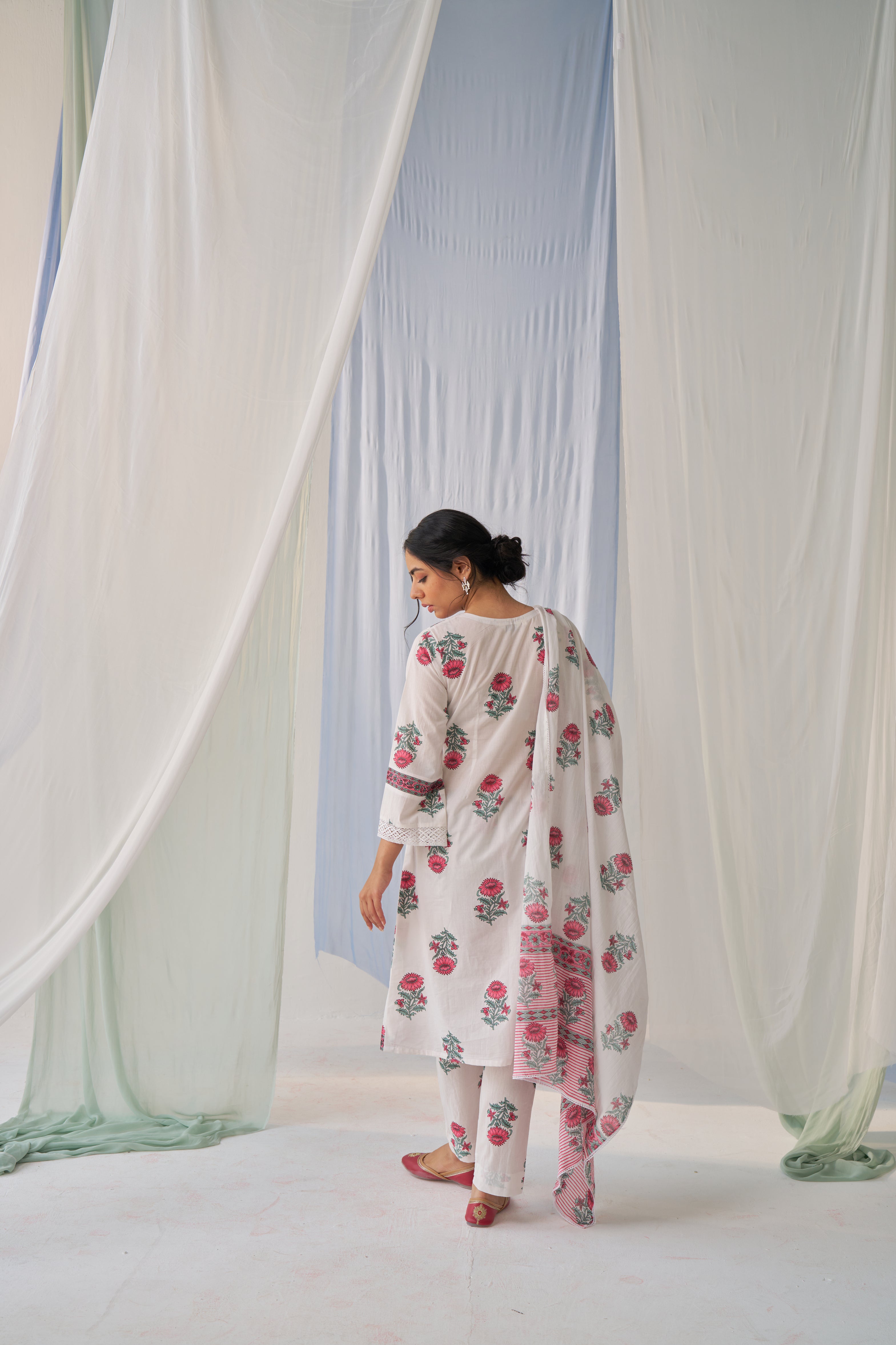 Soha - Adaara Cotton white block print suit set with crochet and border detailing on the neck