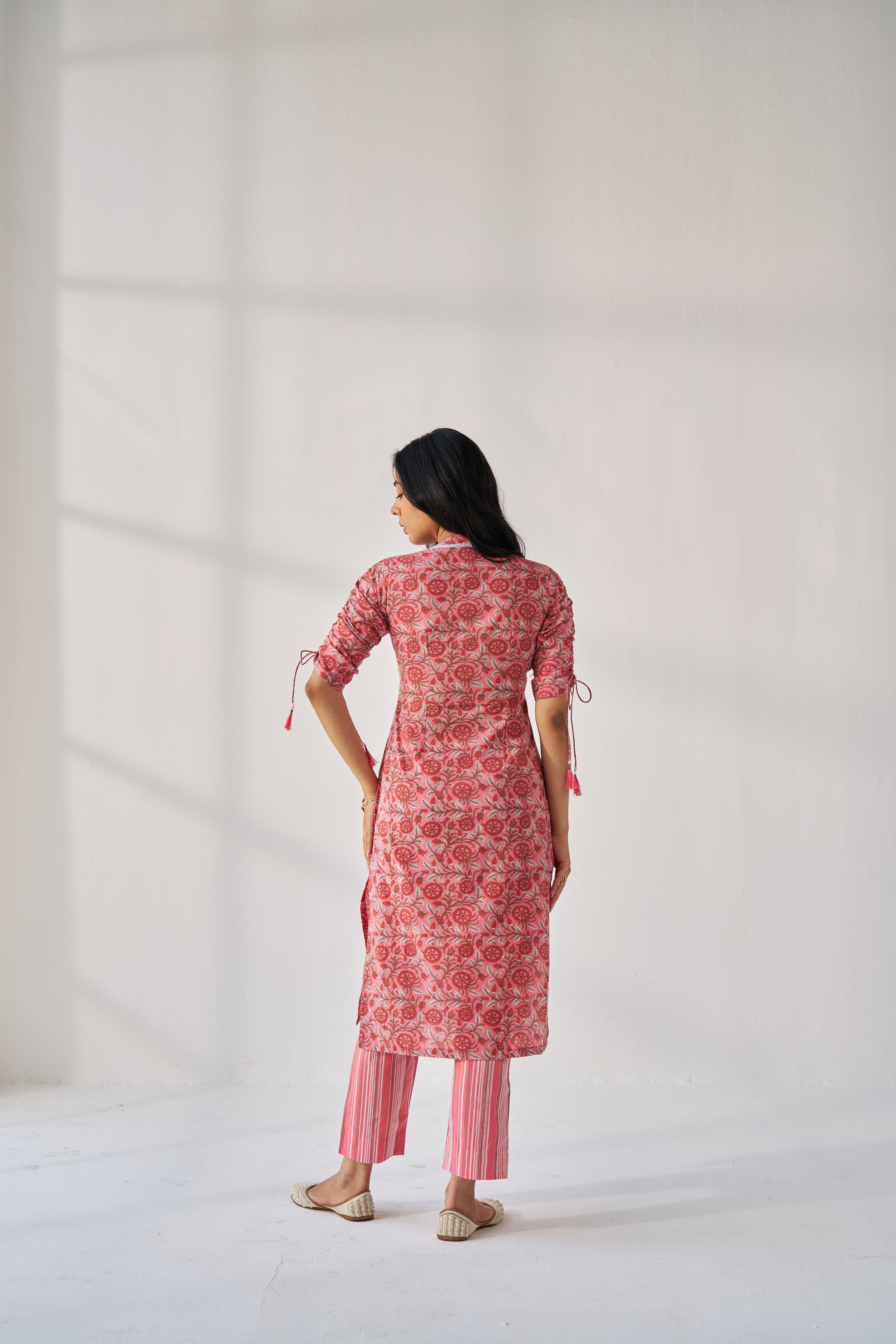 Sasha - Adaara cotton peachish pink  kurta pant set with statement Dori sleeves