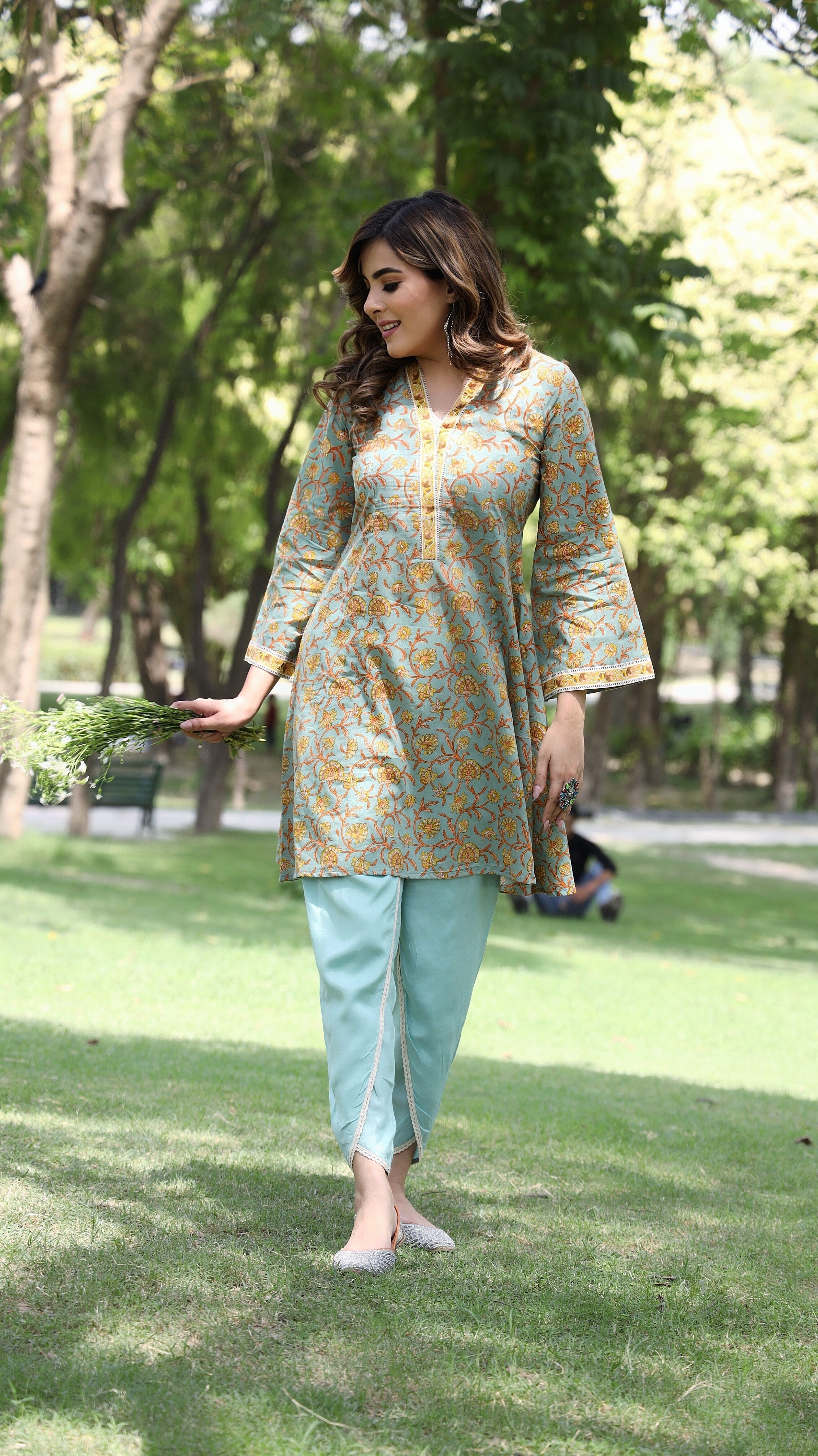 Anika - Adaara Floral Greenish Blue  A-line Kurta with Tulip Pants