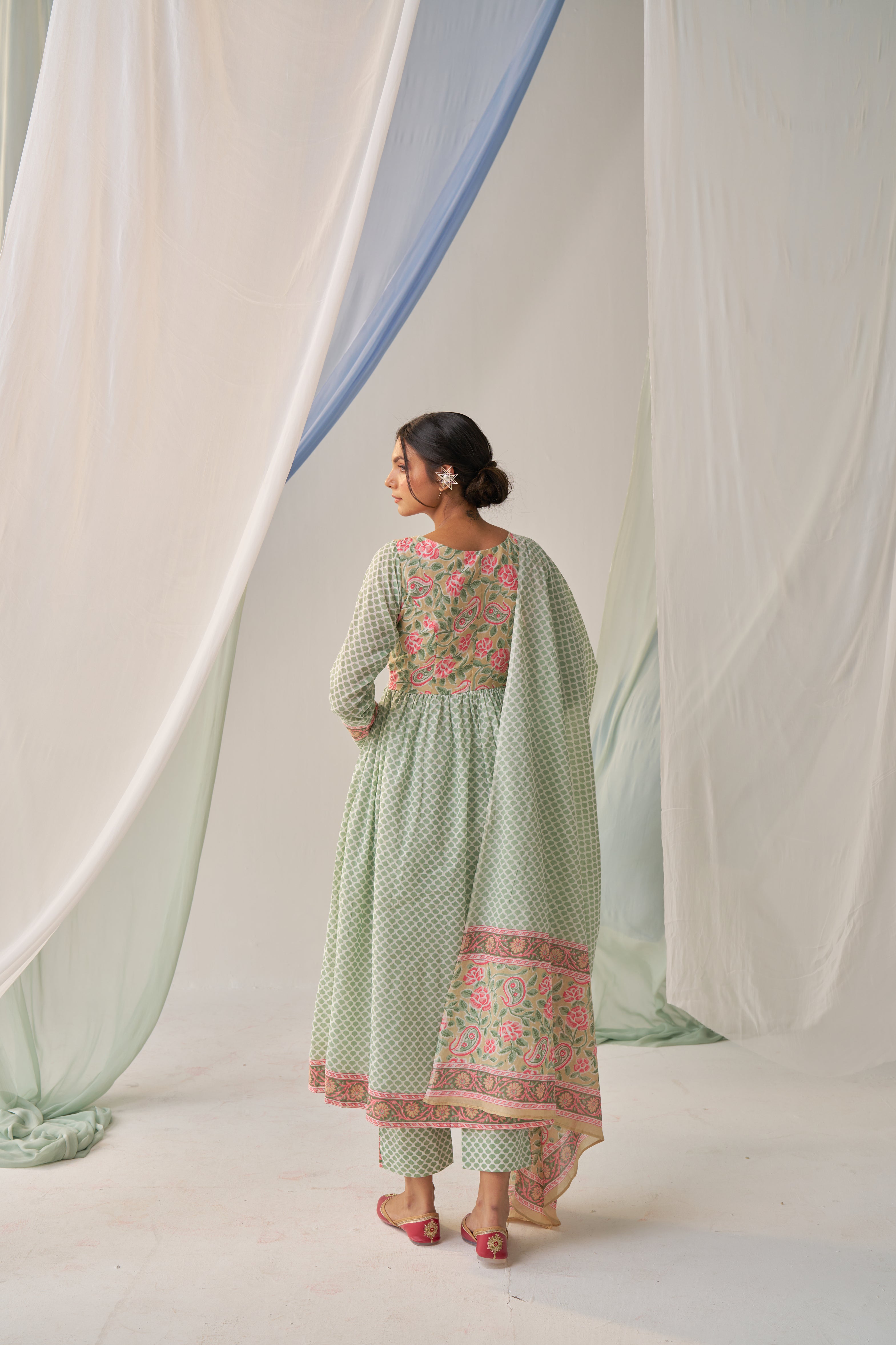 Barkha- Adaara Mal cotton Pastel green floral Anarkali with pant and Dupatta