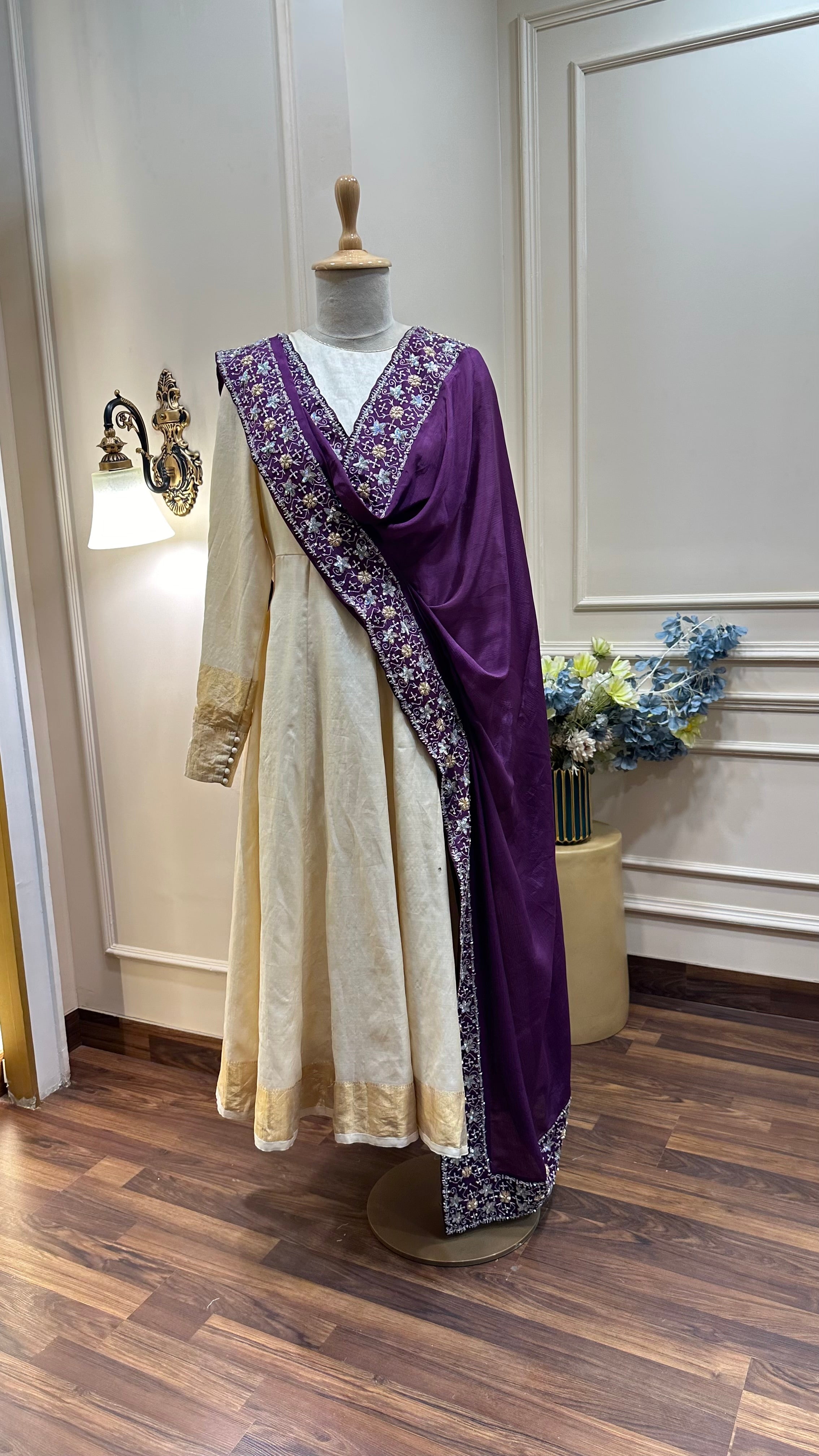 Pure silk Anarkali with Handworked borders on Chinon Dupatta