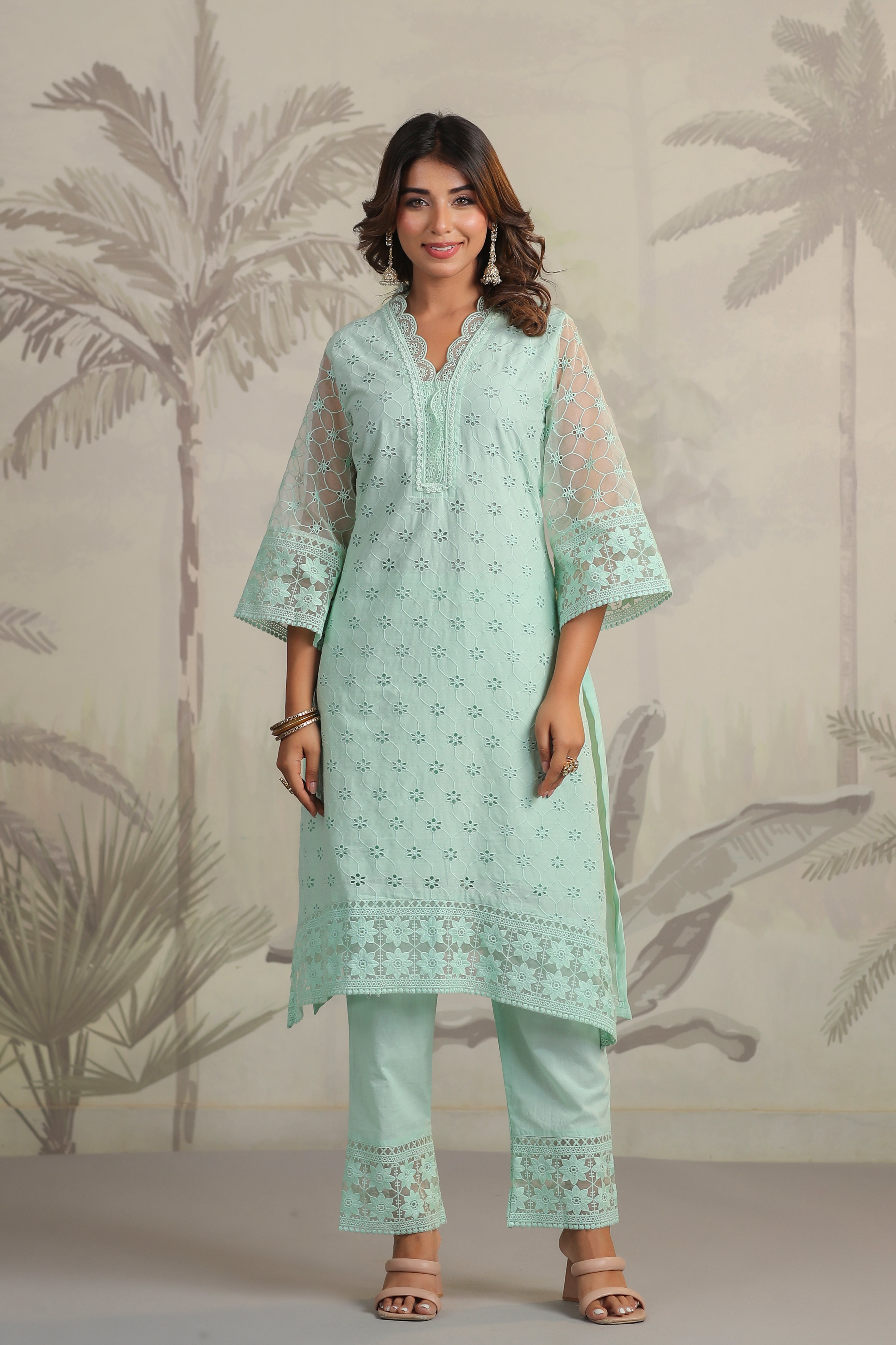 Fitoor Green Cotton Schiffli cutwork kurta pant set with dupatta