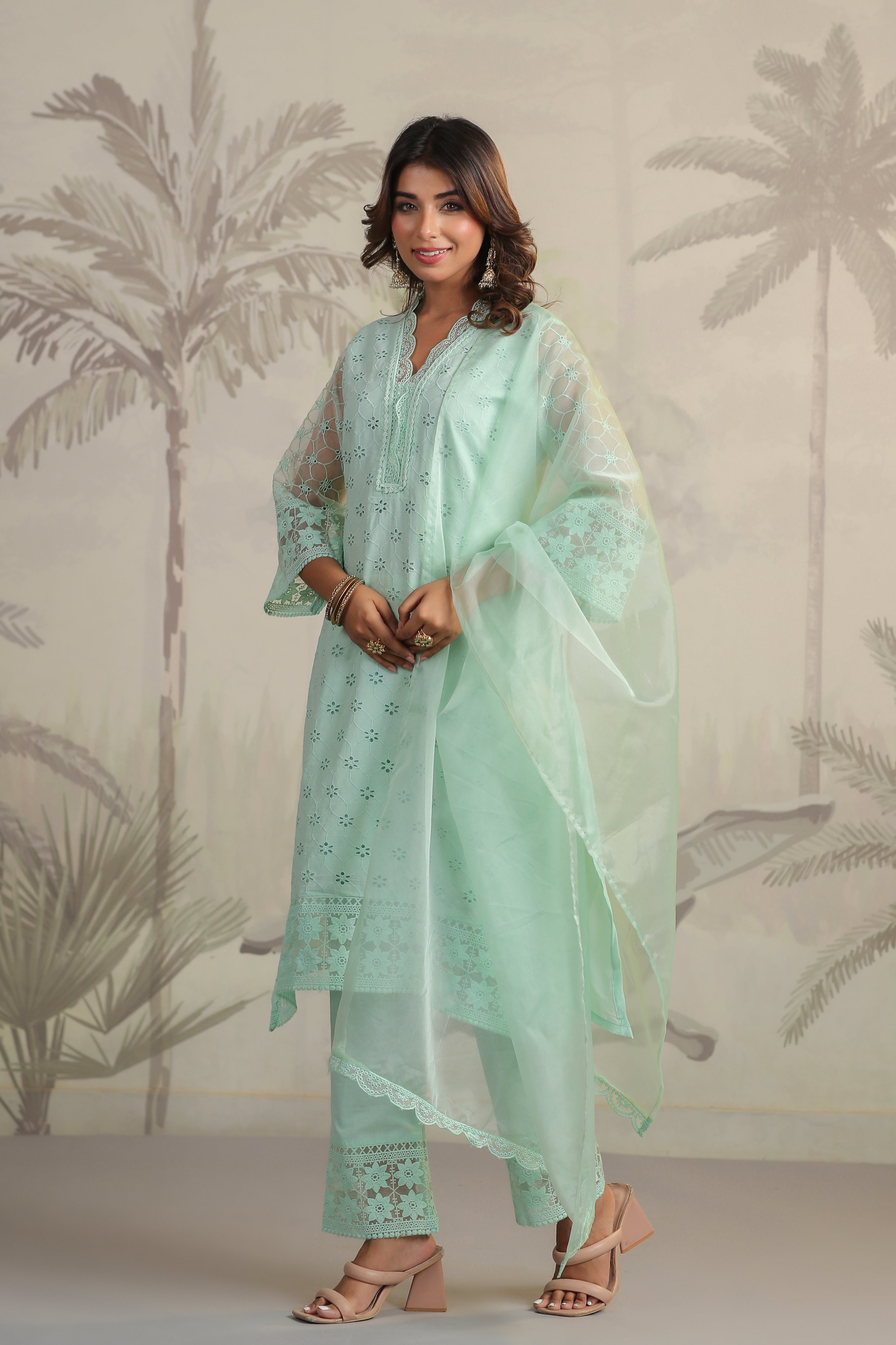 Fitoor Green Cotton Schiffli cutwork kurta pant set with dupatta