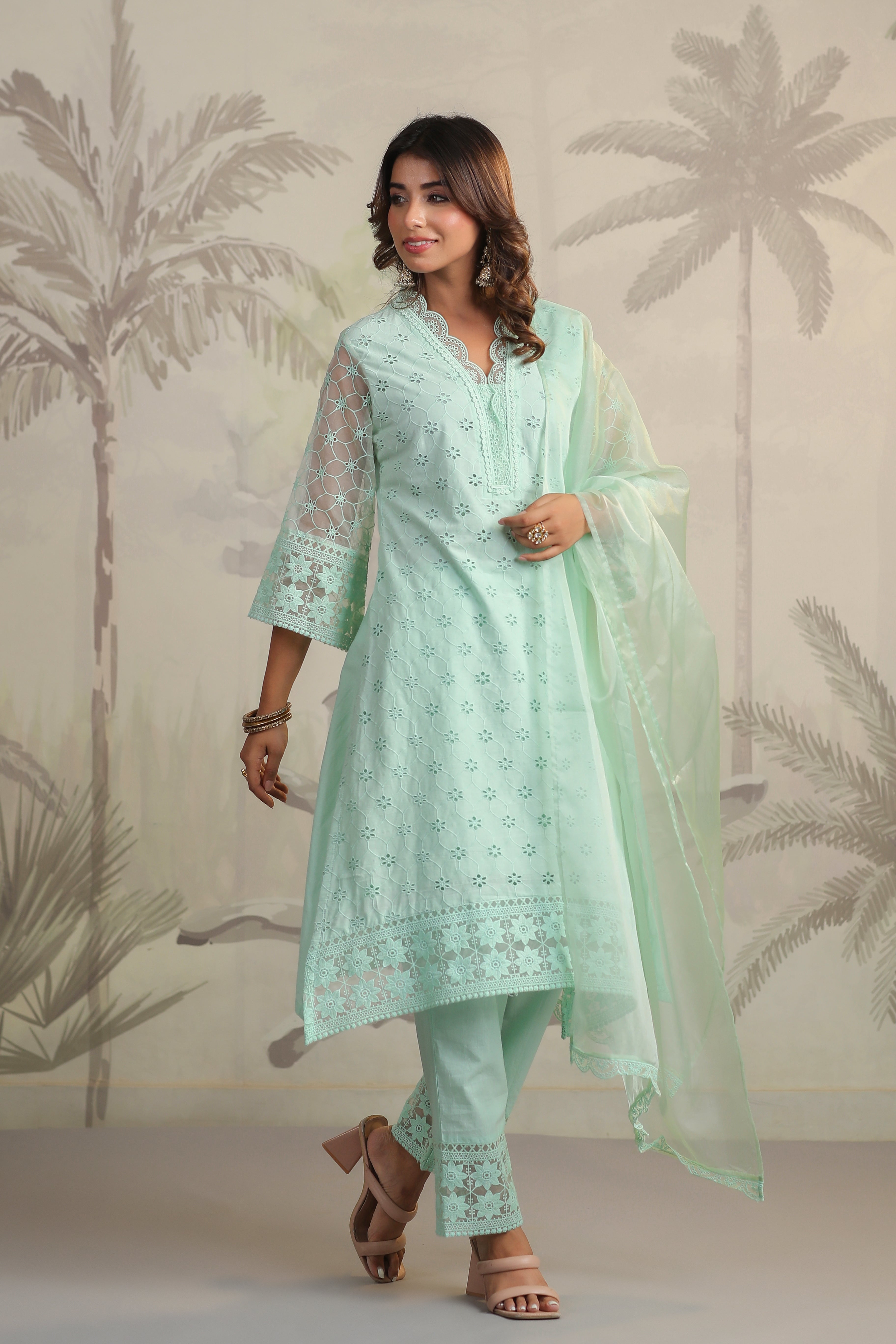 Fitoor Green Cotton Schiffli cutwork kurta pant set with dupatta