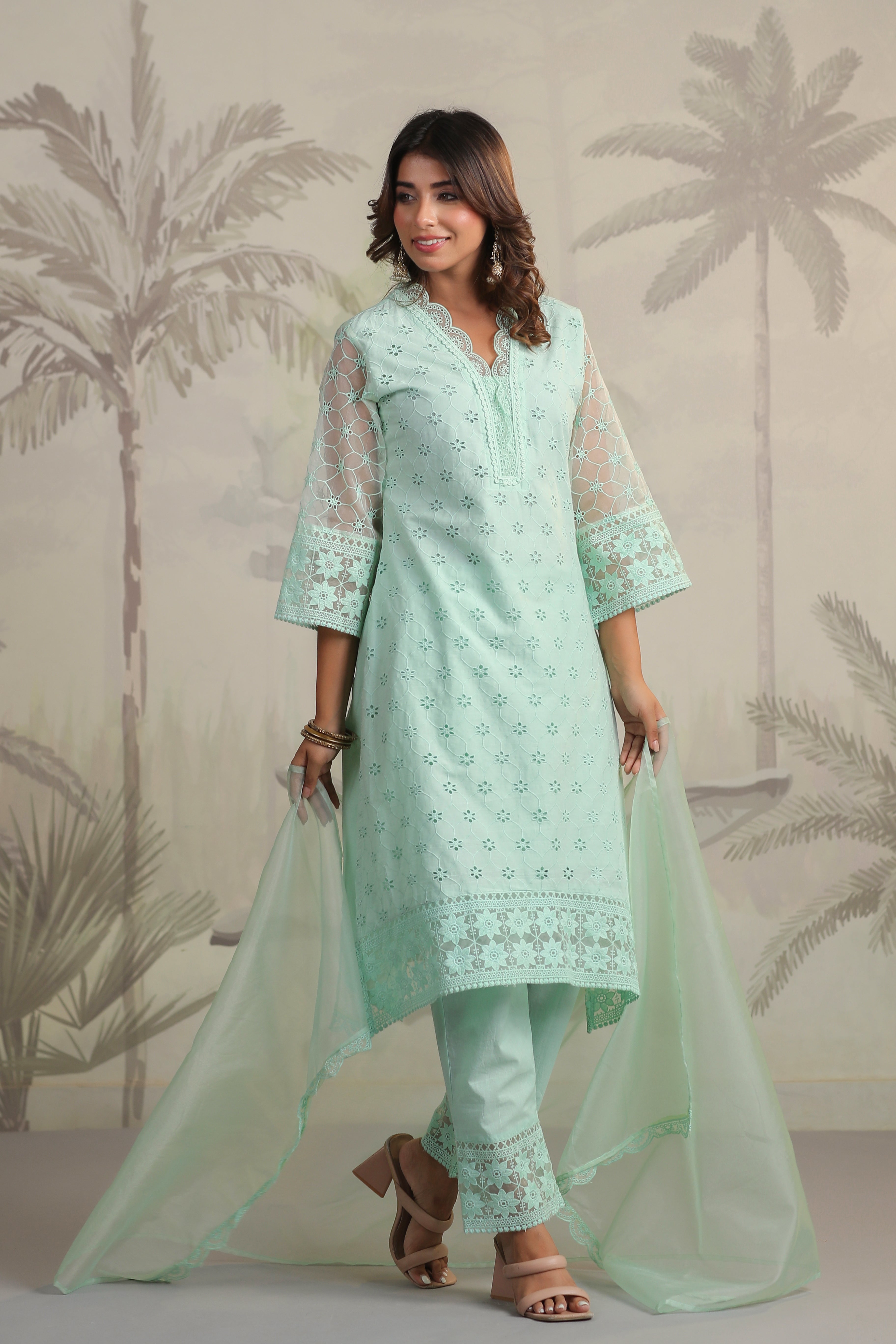 Fitoor Green Cotton Schiffli cutwork kurta pant set with dupatta