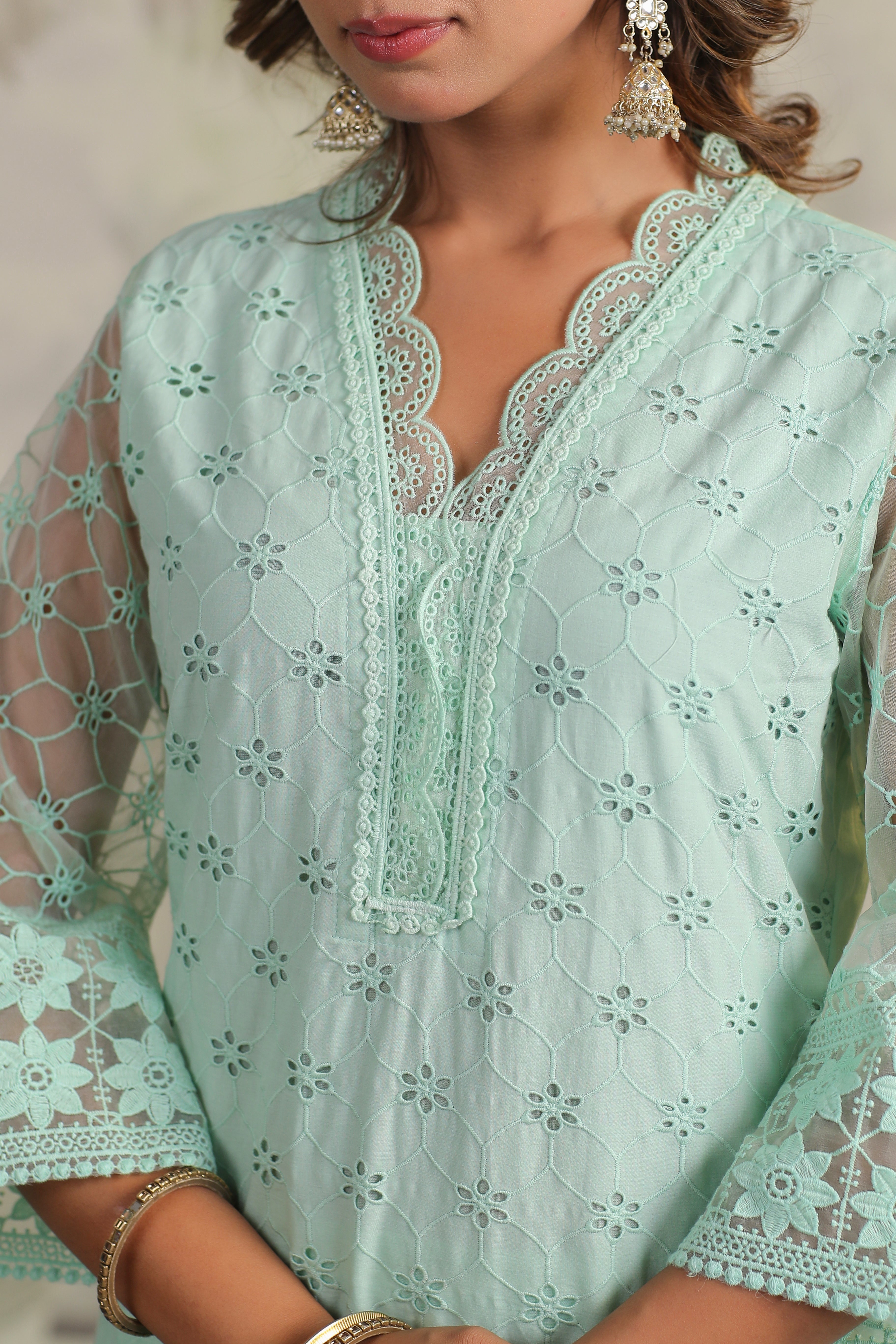 Fitoor Green Cotton Schiffli cutwork kurta pant set with dupatta