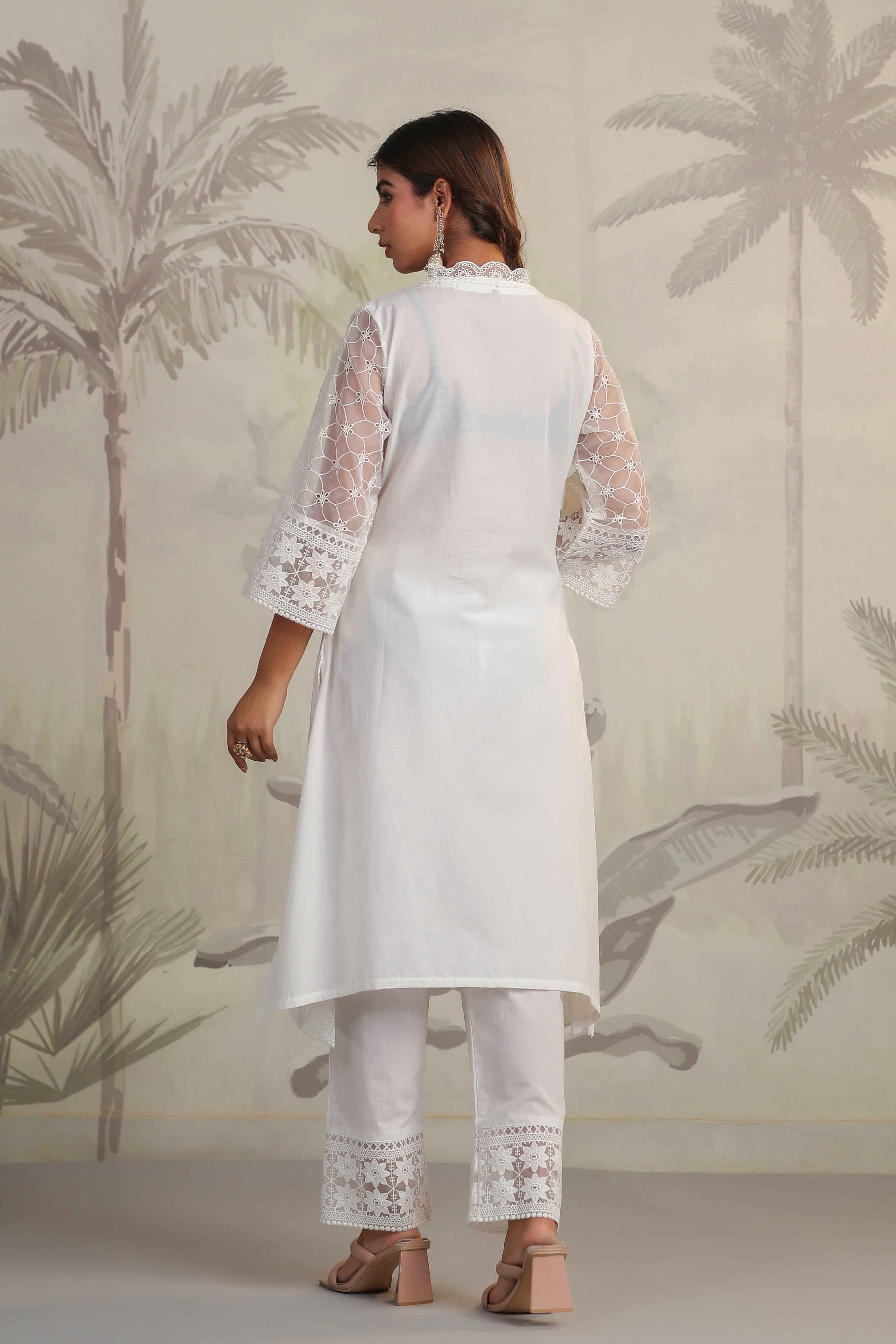 Fitoor white Cotton Schiffli cutwork kurta pant set with dupatta