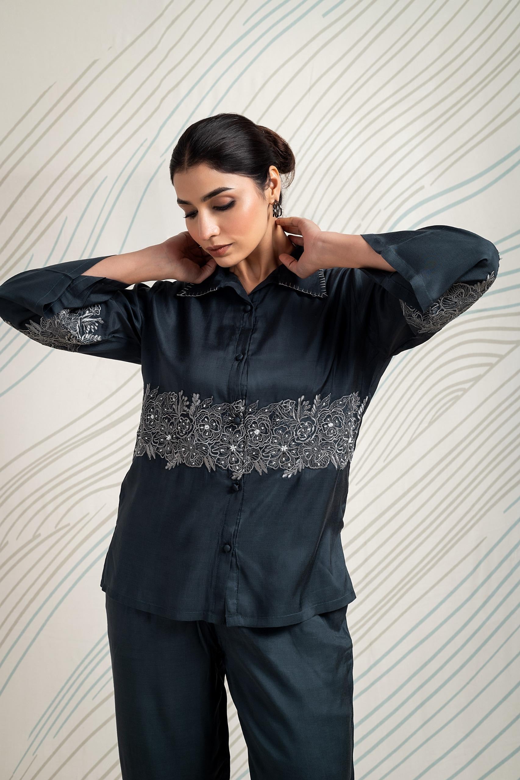 NITARA- Grey Muslin Embroidered Co-ord Set
