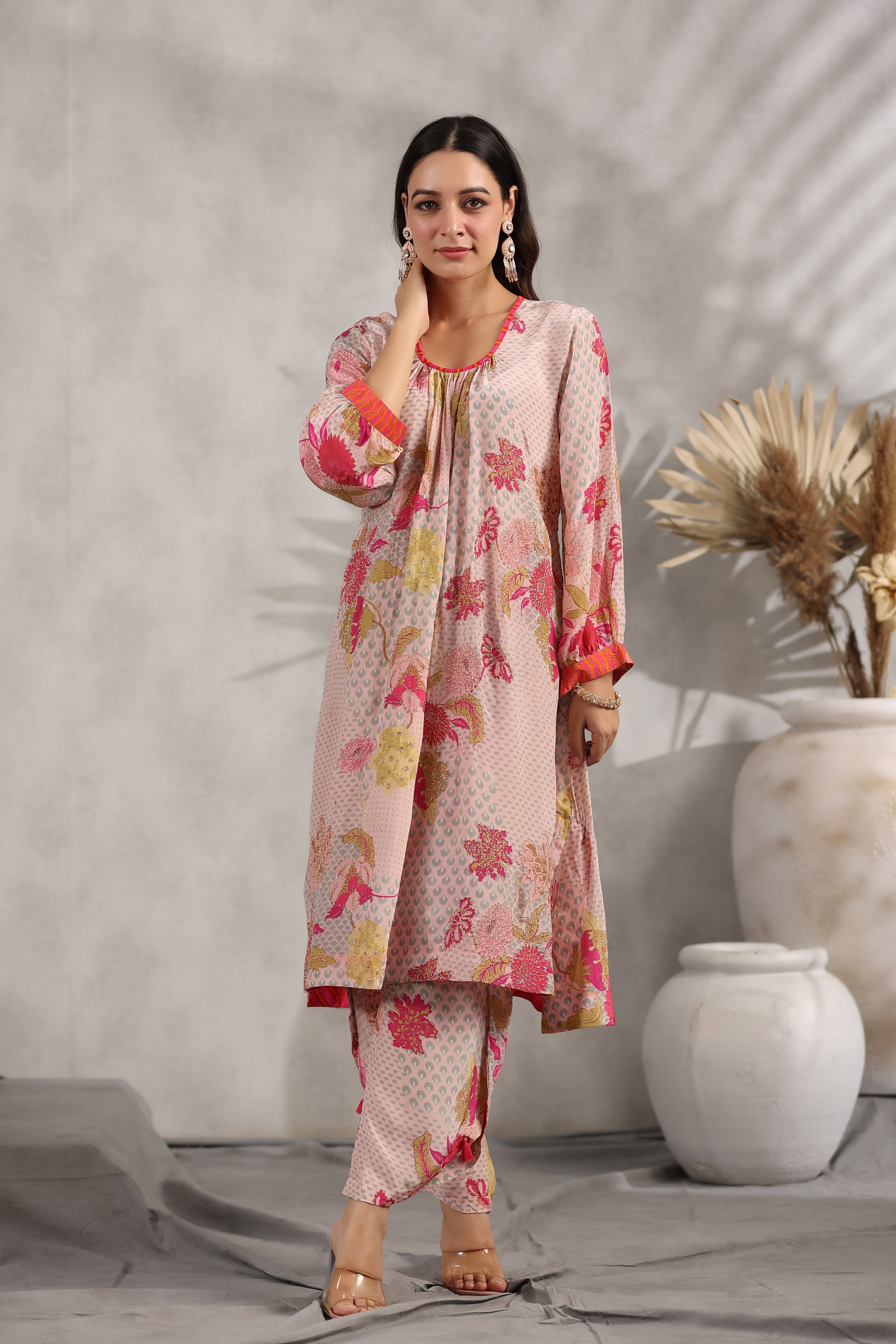 Muslin dusted pink Multicolored kurta Set