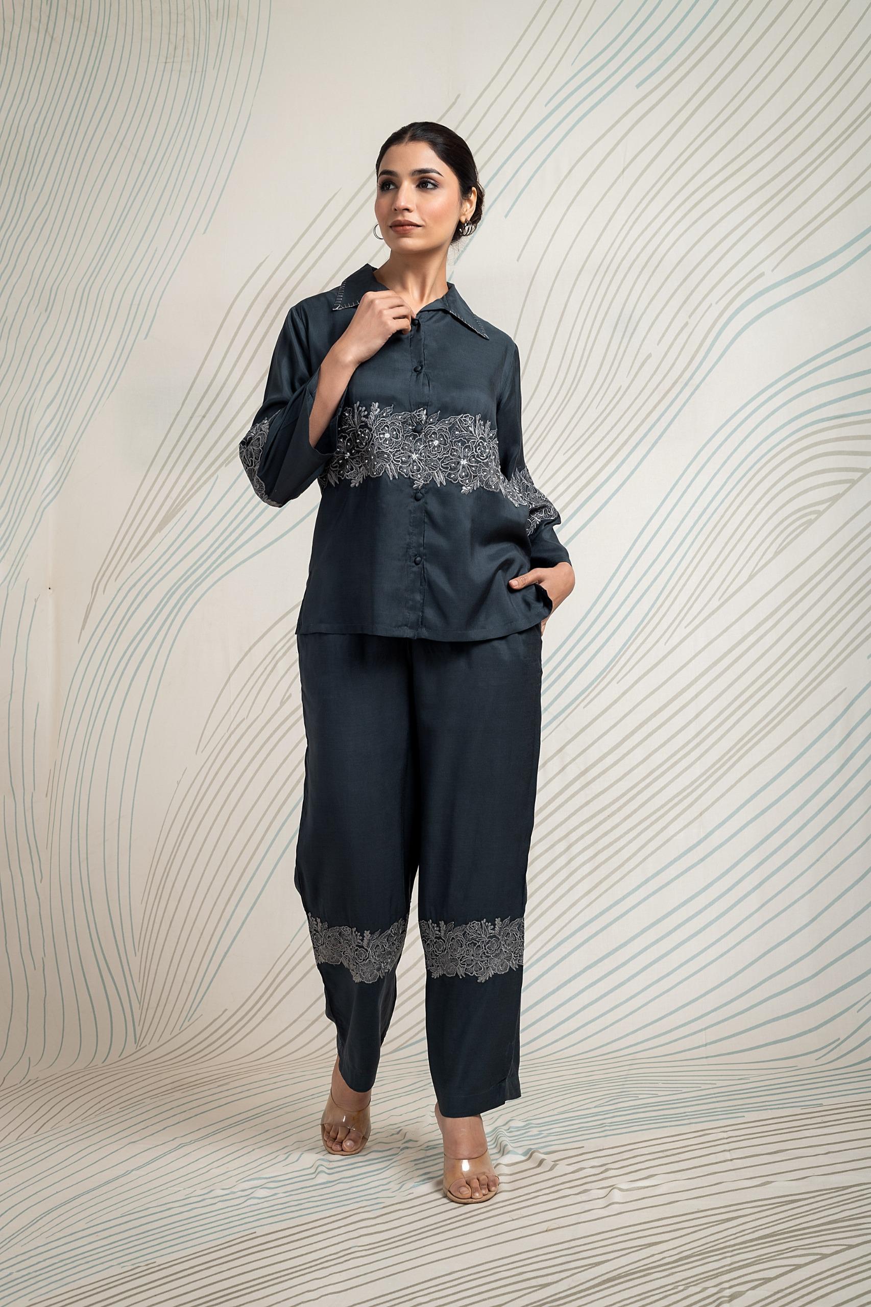 NITARA- Grey Muslin Embroidered Co-ord Set