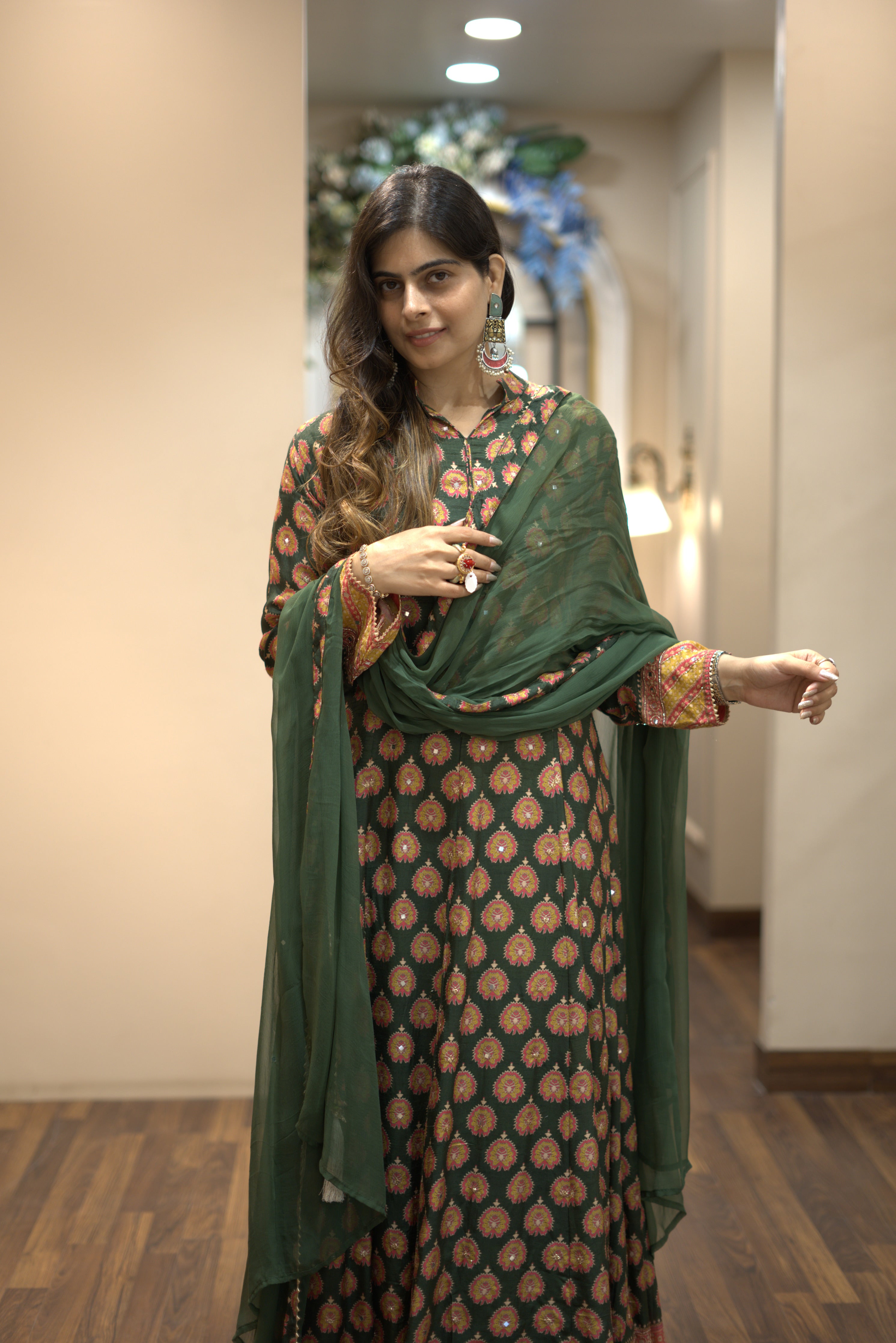 MEGHNA- Green Silk Anarkali with Chiffon Dupatta