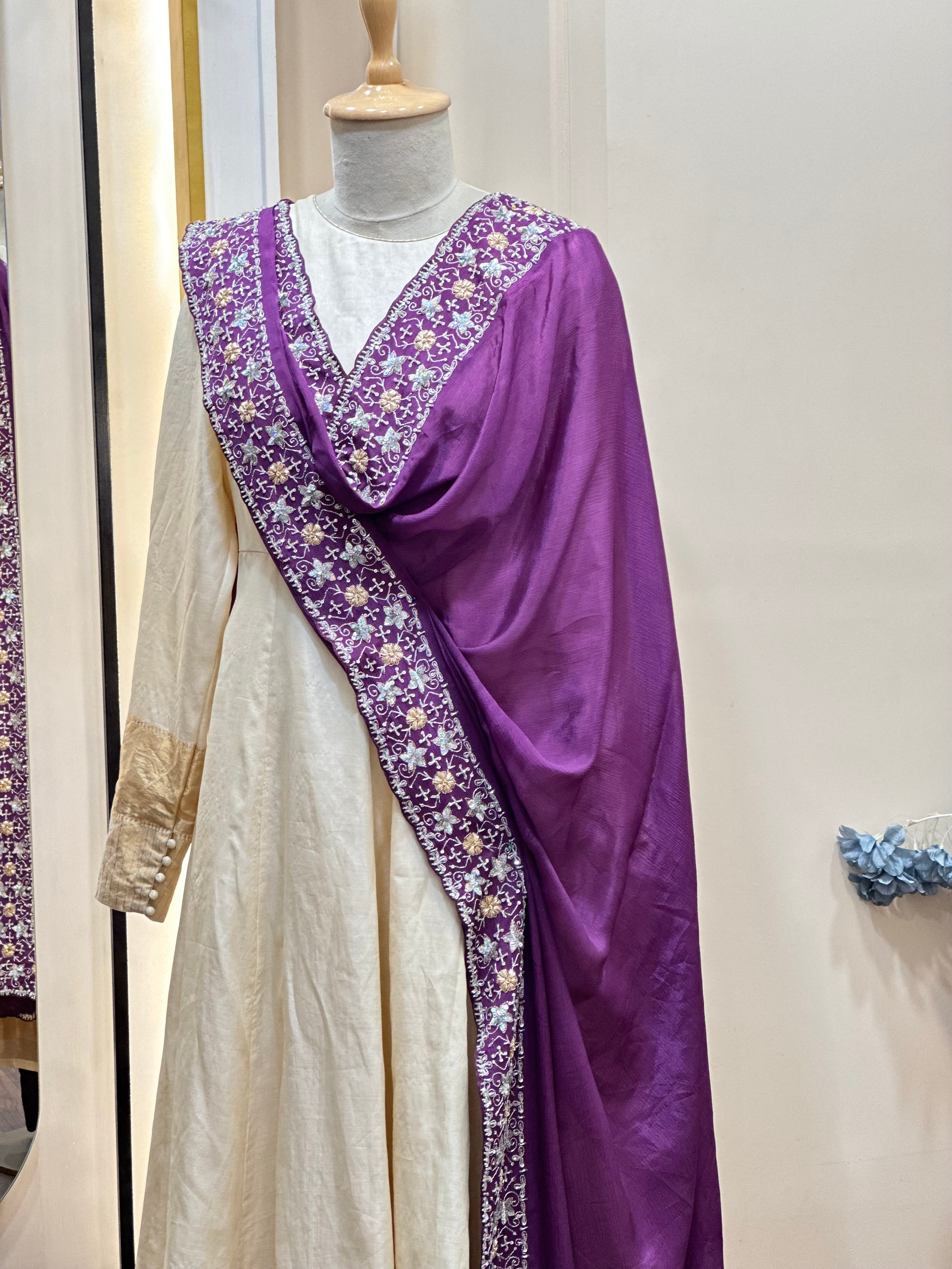 Pure silk Anarkali with Handworked borders on Chinon Dupatta