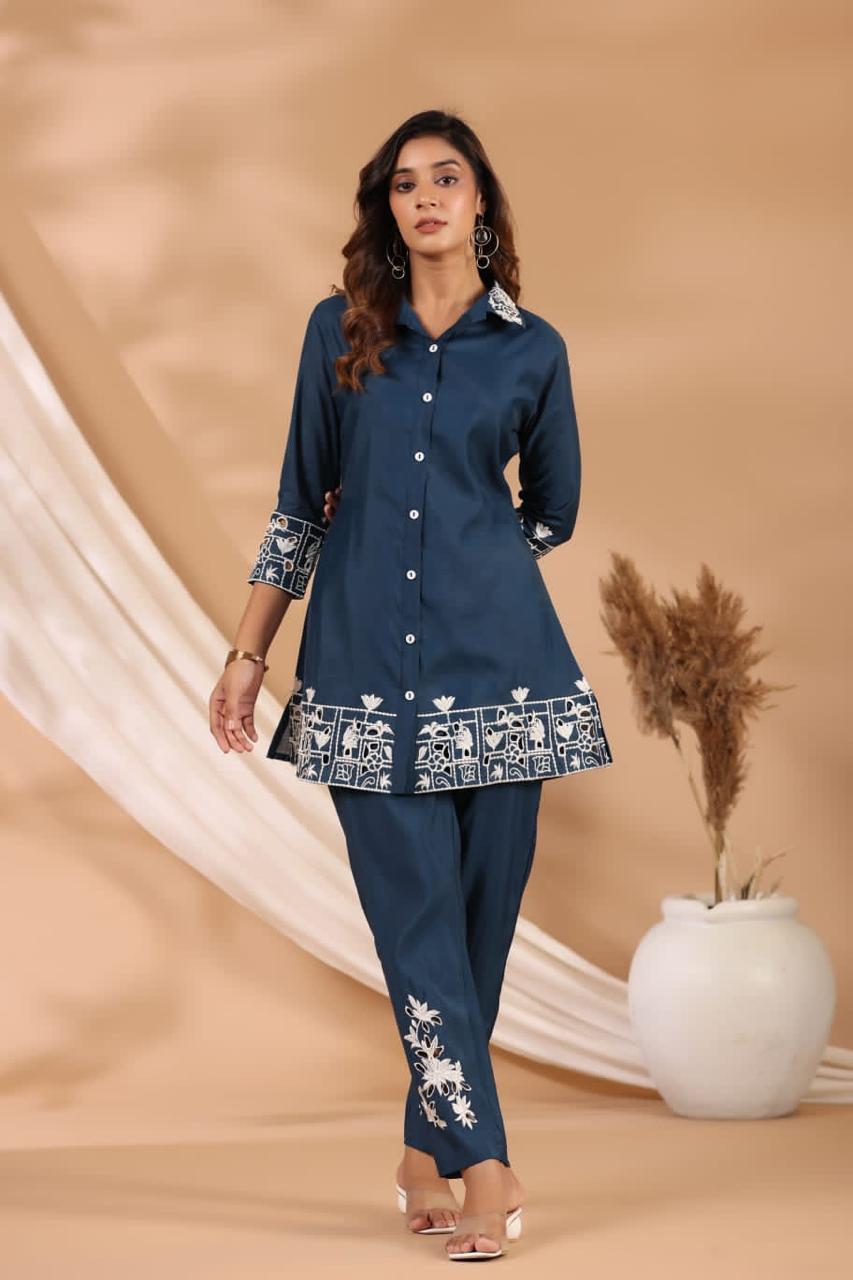 Blue Roman Silk Embroidered Shirt With Pant Co-Ord Set