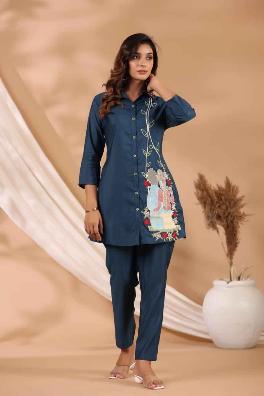 Blue Roman Silk Embroidered Shirt With Pant Co-Ord Set