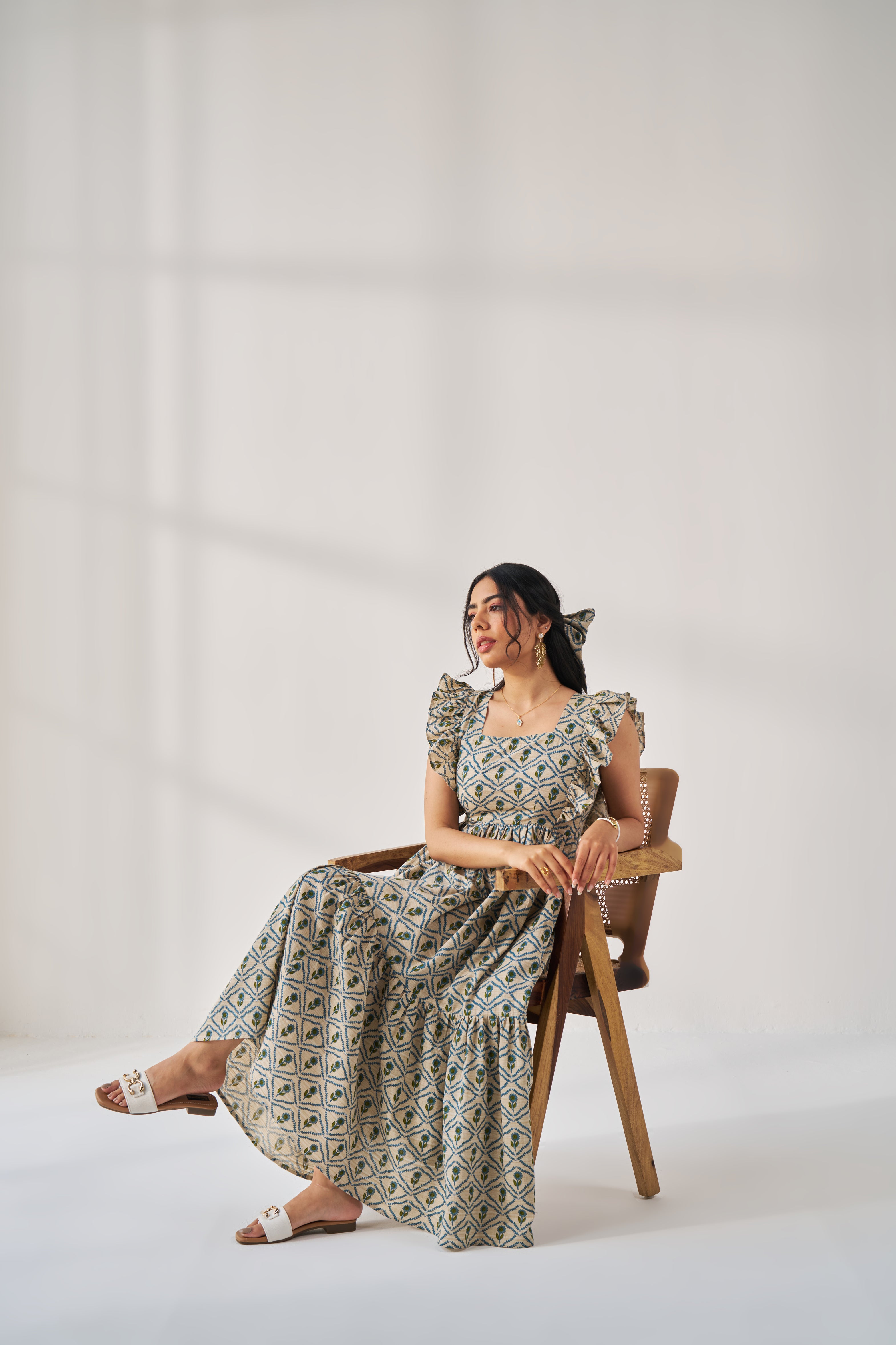 COTTON SEED-GEOMETRICAL PRINT NATURAL BEIGE FRILL DRESS