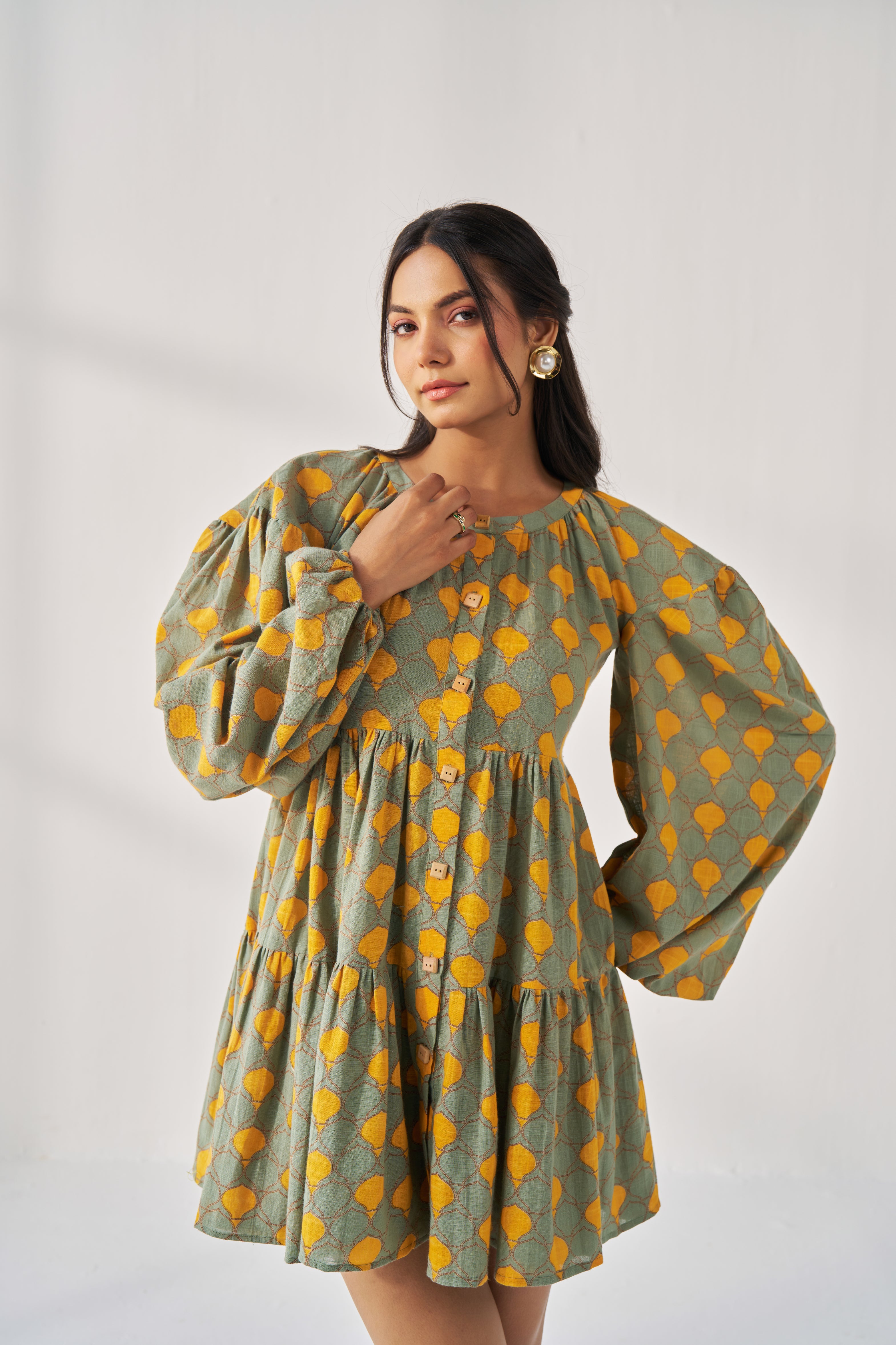 SUMMER LOVE-GEOMATRICAL PRINT GREEN AND ORANGE PLAYFUL DRESS