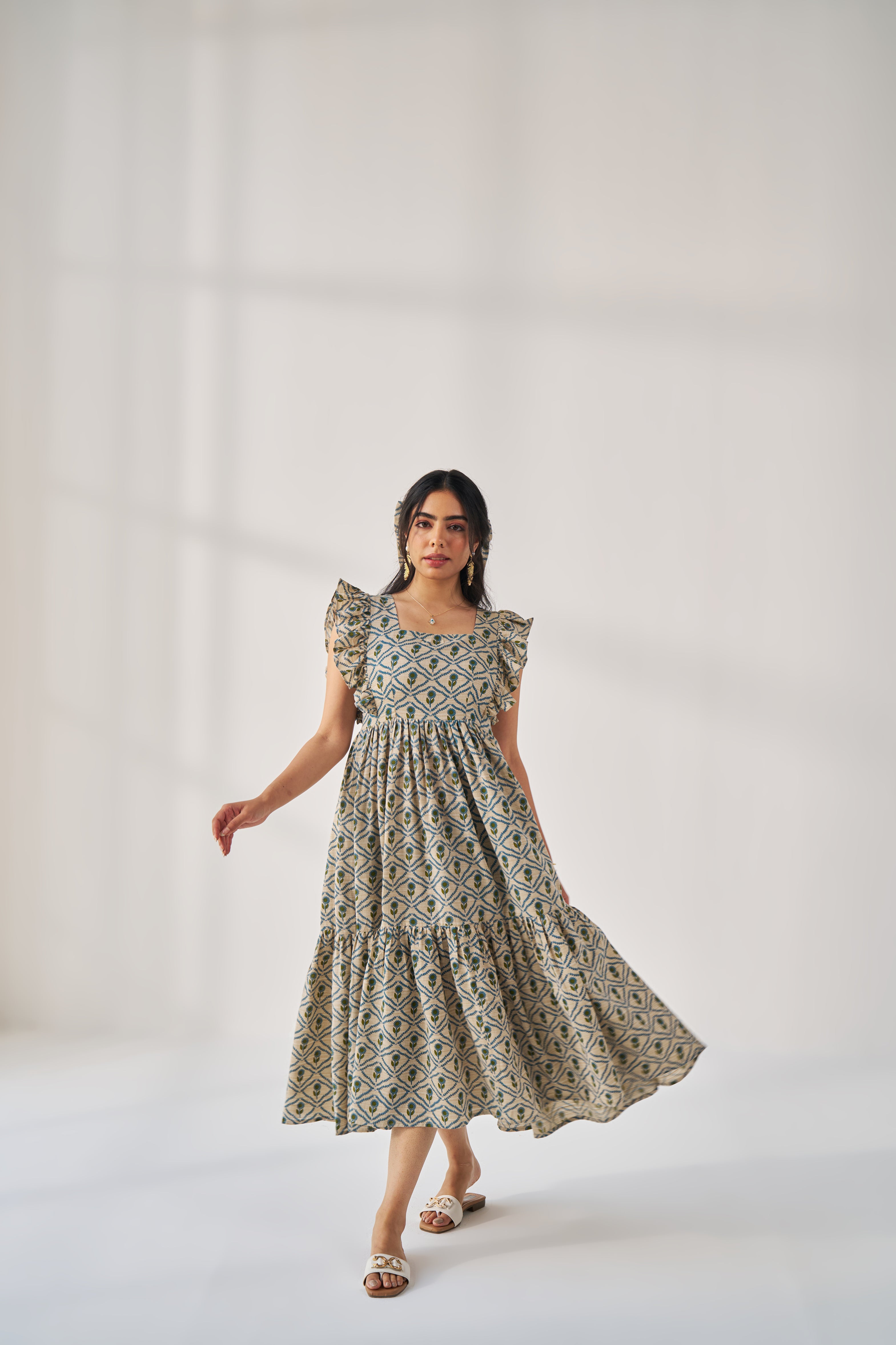 COTTON SEED-GEOMETRICAL PRINT NATURAL BEIGE FRILL DRESS