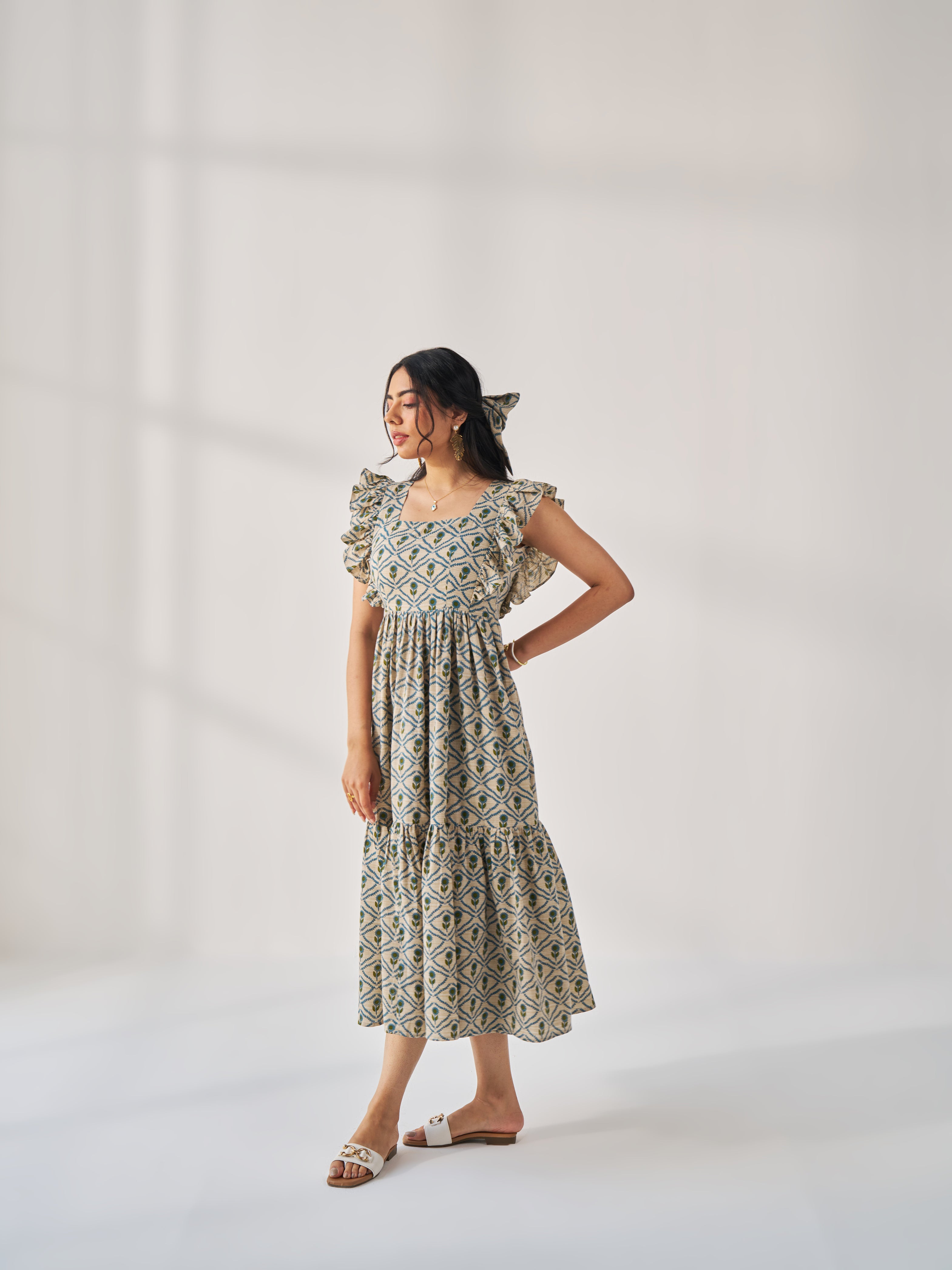 COTTON SEED-GEOMETRICAL PRINT NATURAL BEIGE FRILL DRESS