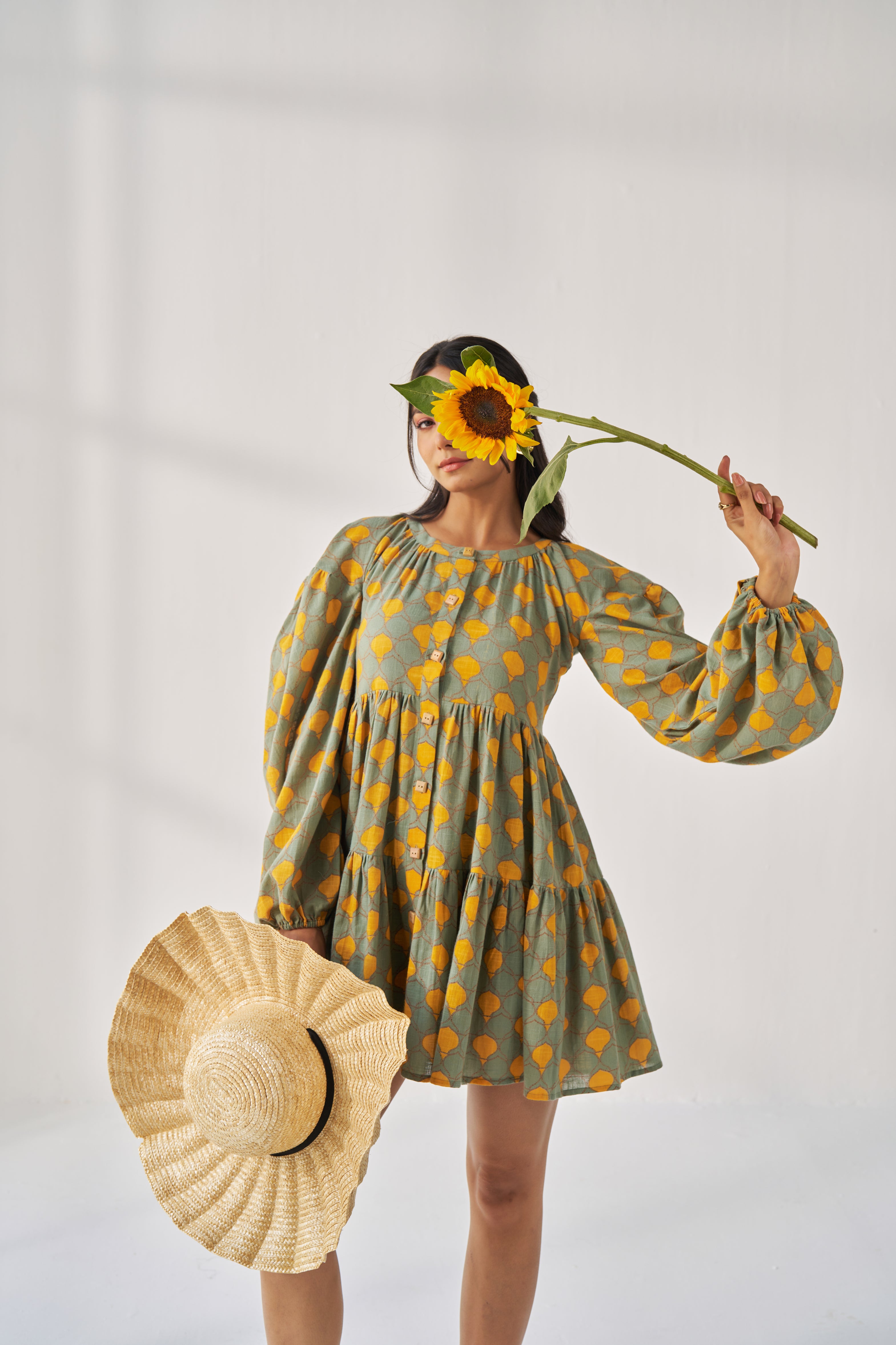 SUMMER LOVE-GEOMATRICAL PRINT GREEN AND ORANGE PLAYFUL DRESS