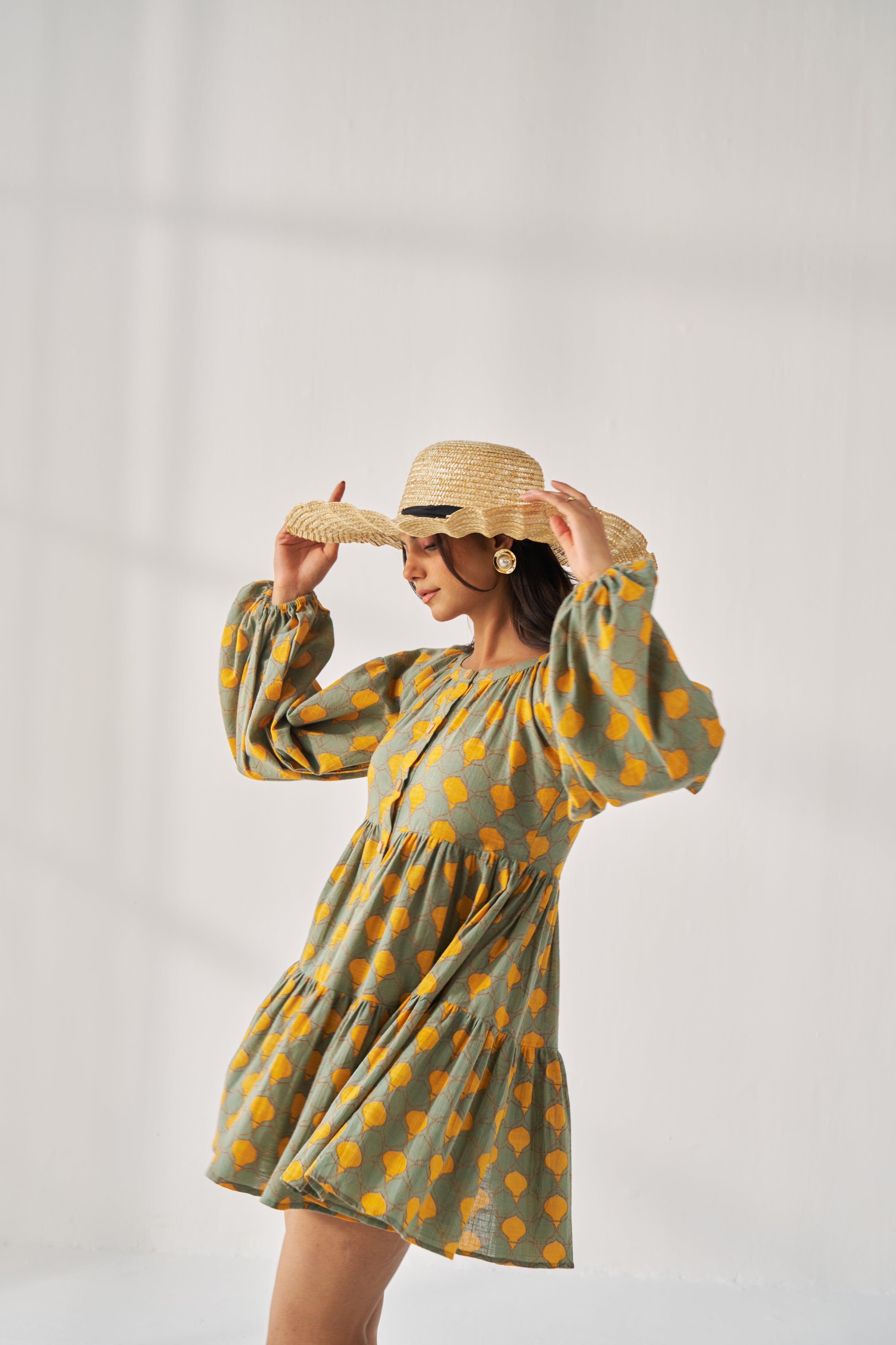 SUMMER LOVE-GEOMATRICAL PRINT GREEN AND ORANGE PLAYFUL DRESS